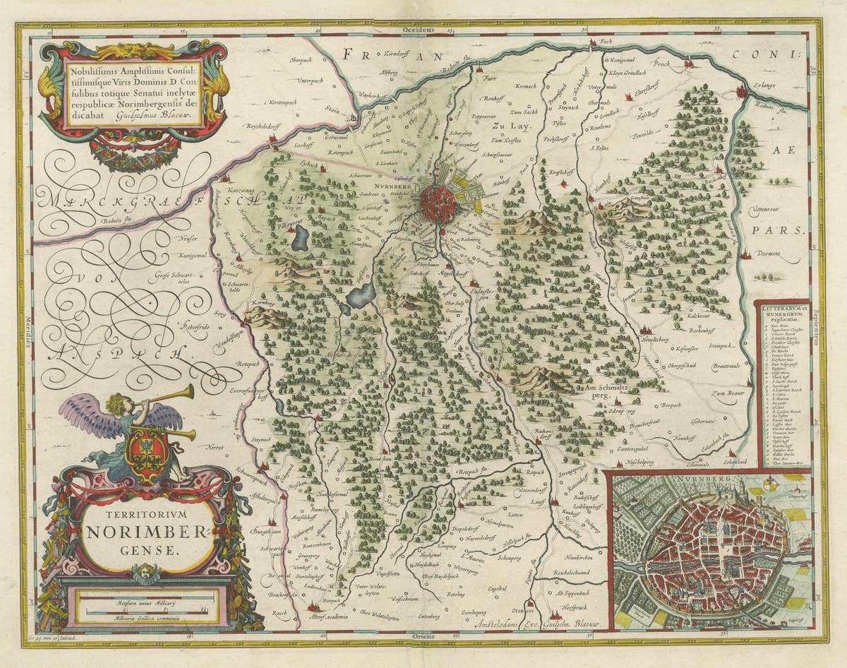 Antique Map centered on Nuremberg, Germany