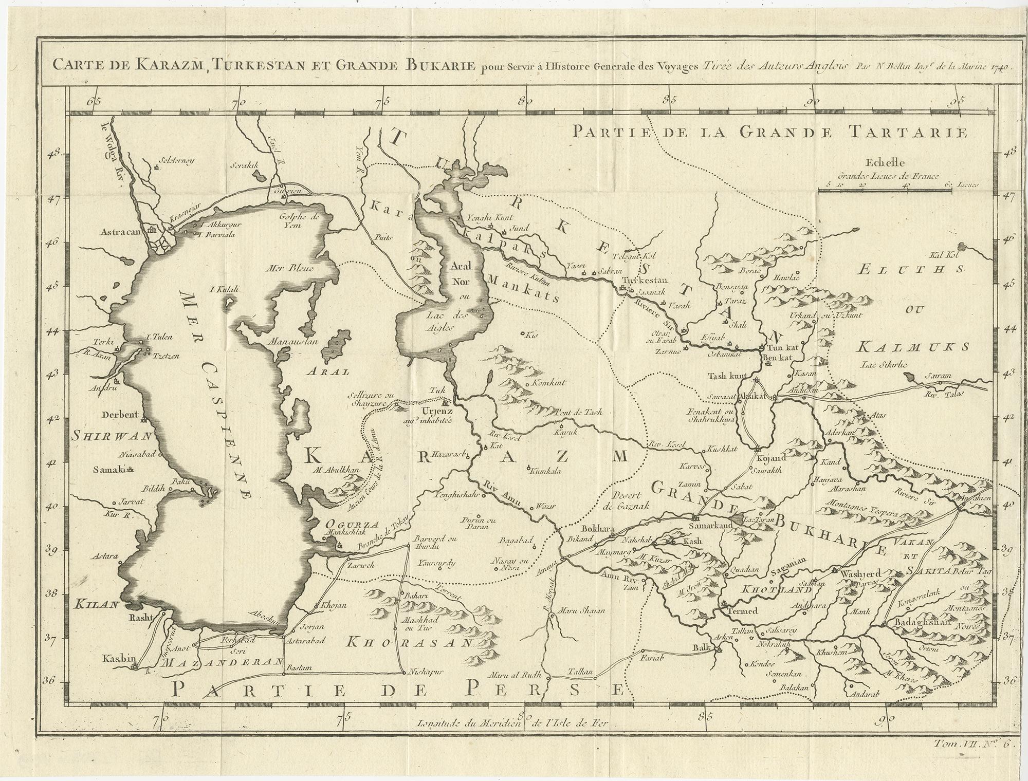Antique map titled 'Carte de Karazm, Turkestan et Grande Bukarie'. Engraved map centered on Turkestan. Extends to include the Black and Caspian Seas, Uzbekistan, Tajikistan, Turkmenistan, and the northern reaches of Iran and Afghanistan. By Jacques