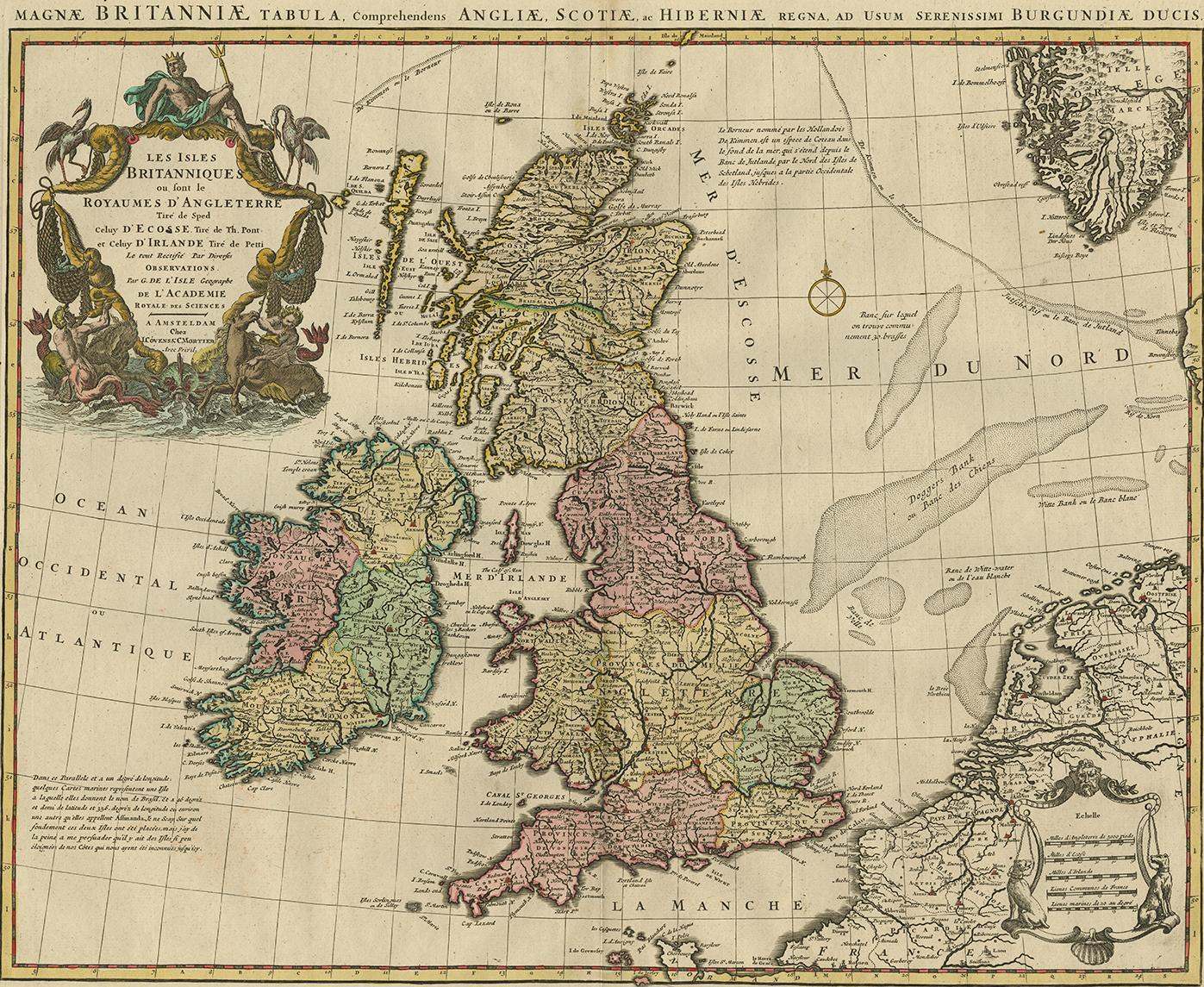 Covens and Mortier's attractive double-page engraved map of the British Isles, based on the 1702 De L'Isle map. The map features a large cartouche in the upper left comprised of numerous sea-related elements and topped by Poseidon.