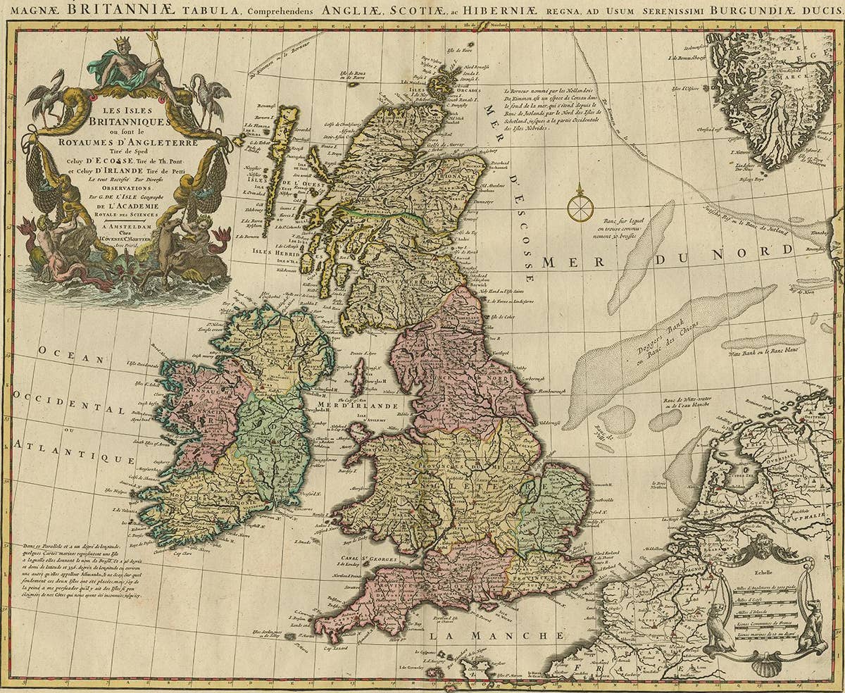 Antique Map 'Colored Cartouches' of the British Isles by Covens & Mortier ‘1761’