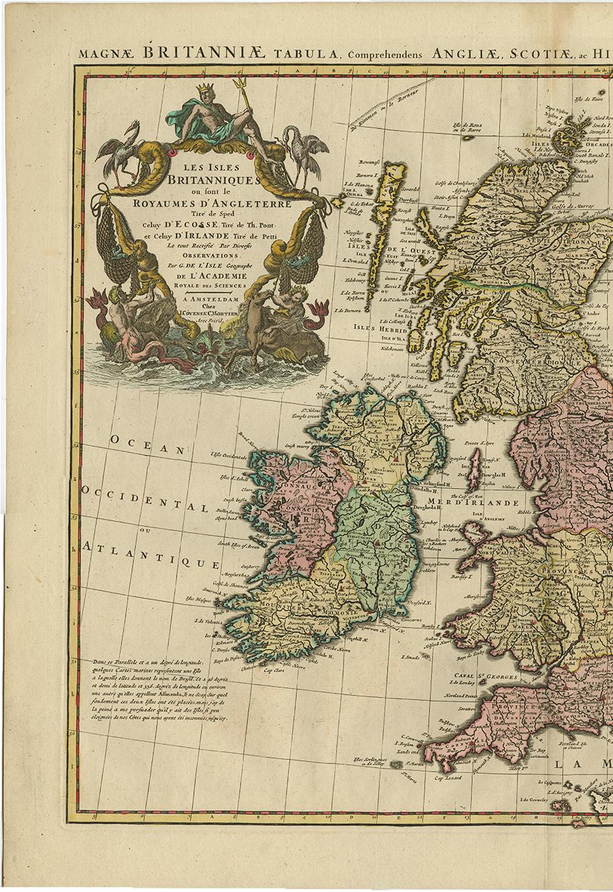 Antique Map 'Colored Cartouches' of the British Isles by Covens & Mortier ‘1761’ In Good Condition For Sale In Langweer, NL
