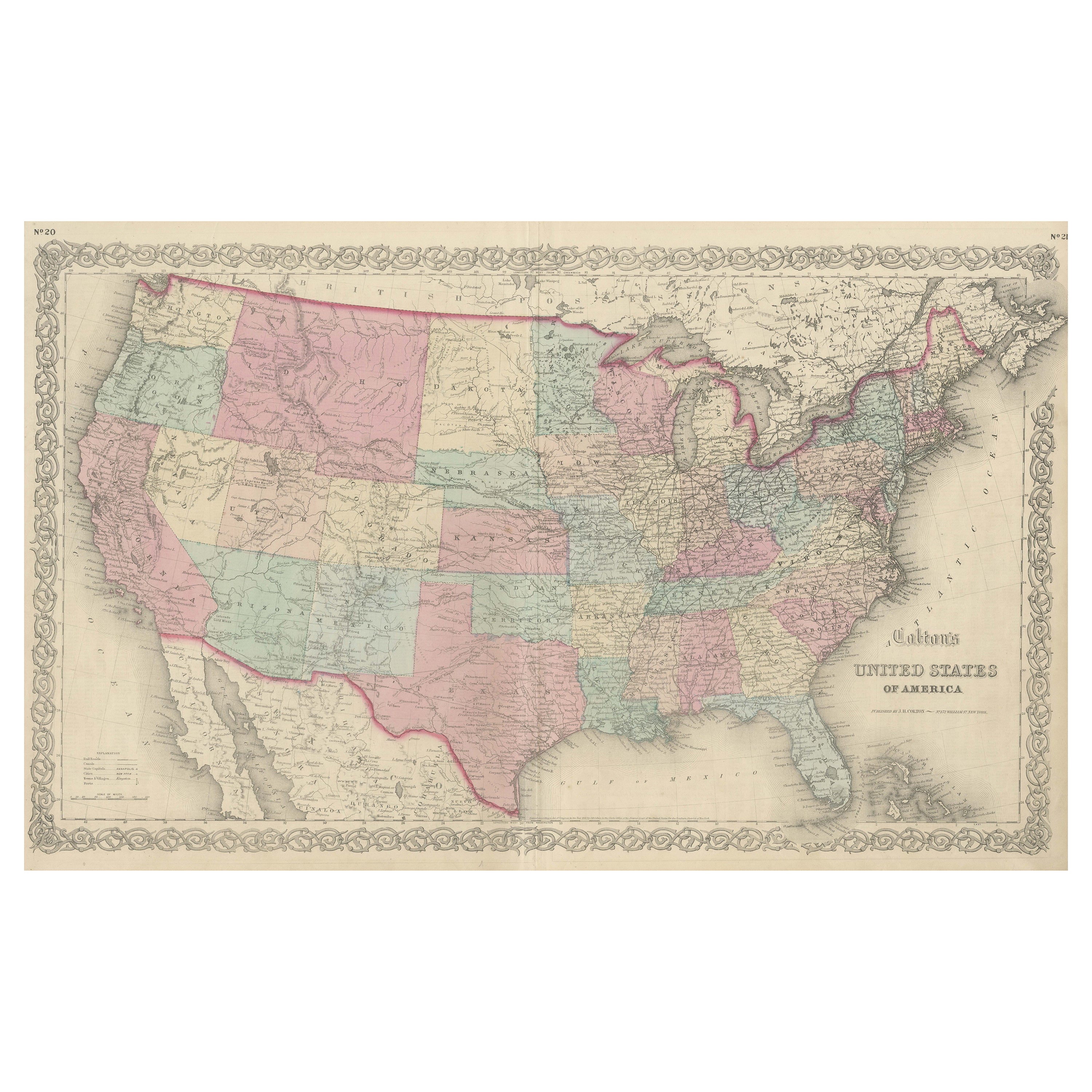 Mappa antica degli Stati Uniti d'America di Colton