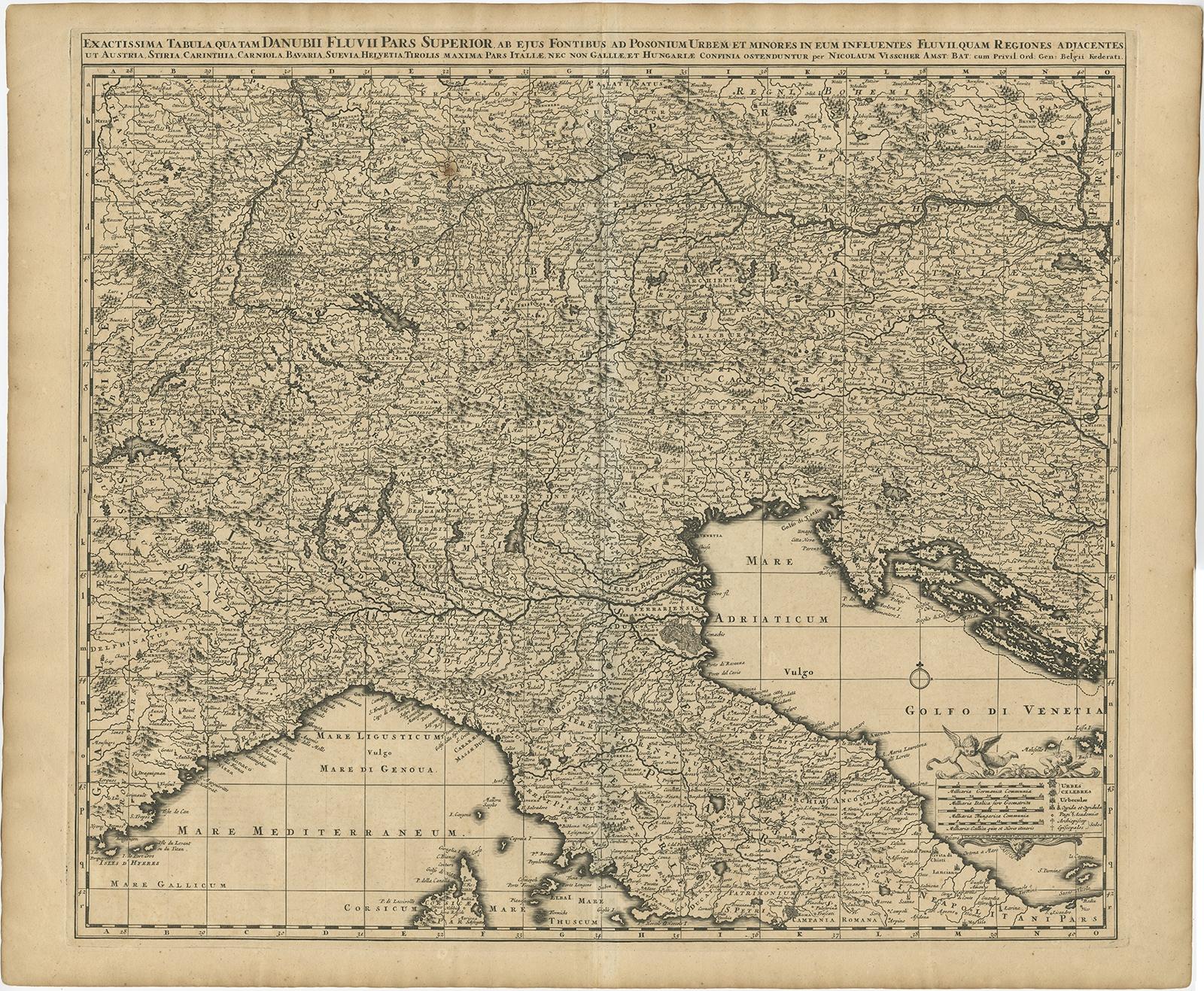 Antique map titled 'Exactissima Tabula, qua tam Danubii Fluvii Pars Superior'. 

Detailed map covering the region of northern Italy, Austria, Slovenia and Croatia. The course of the Danube is prominently shown from its headwaters in the Alps to