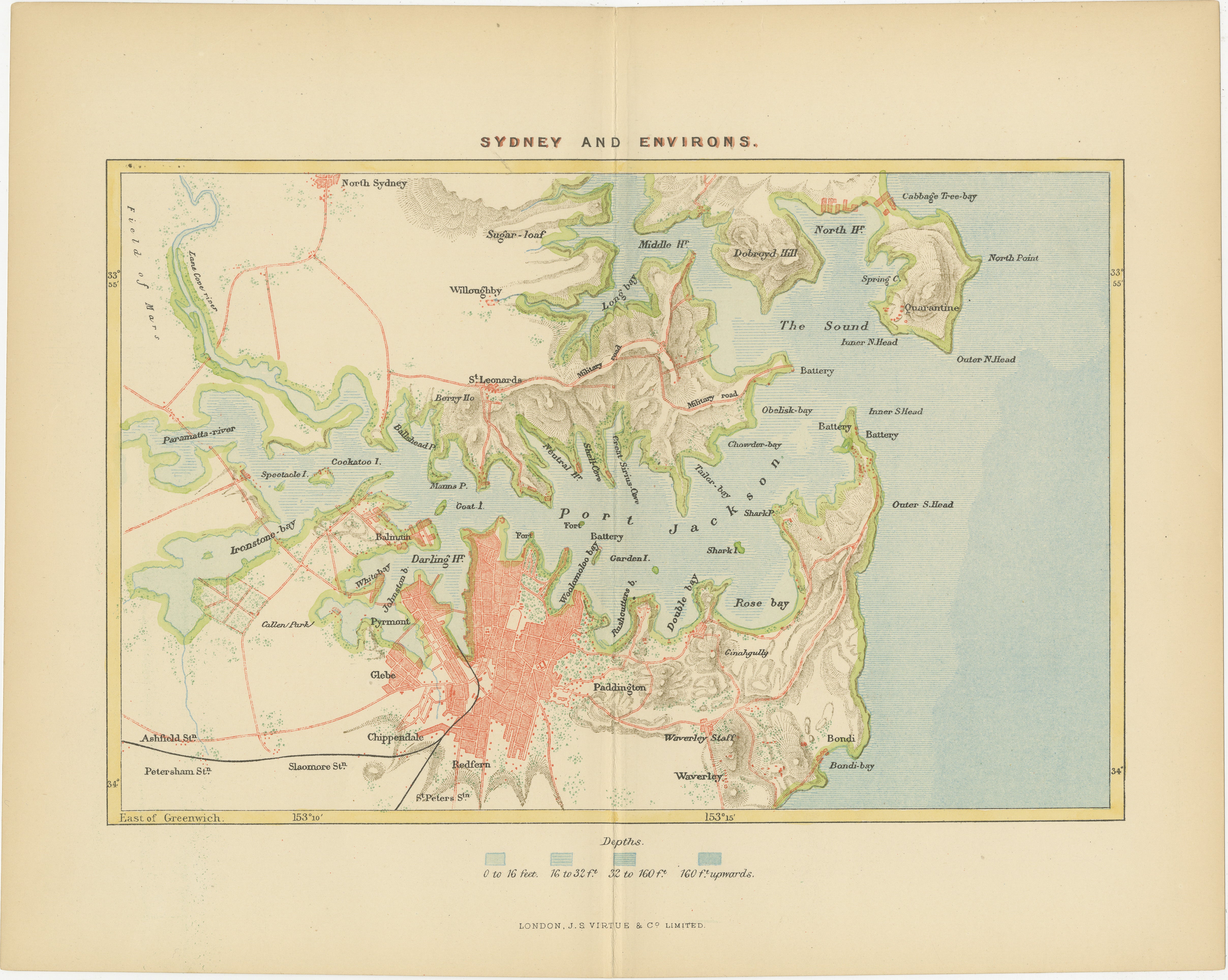 An antique map depicting Sydney and its surrounding areas, known as Port Jackson, dating from around 1889. It was produced by E. Reclus and is part of the 