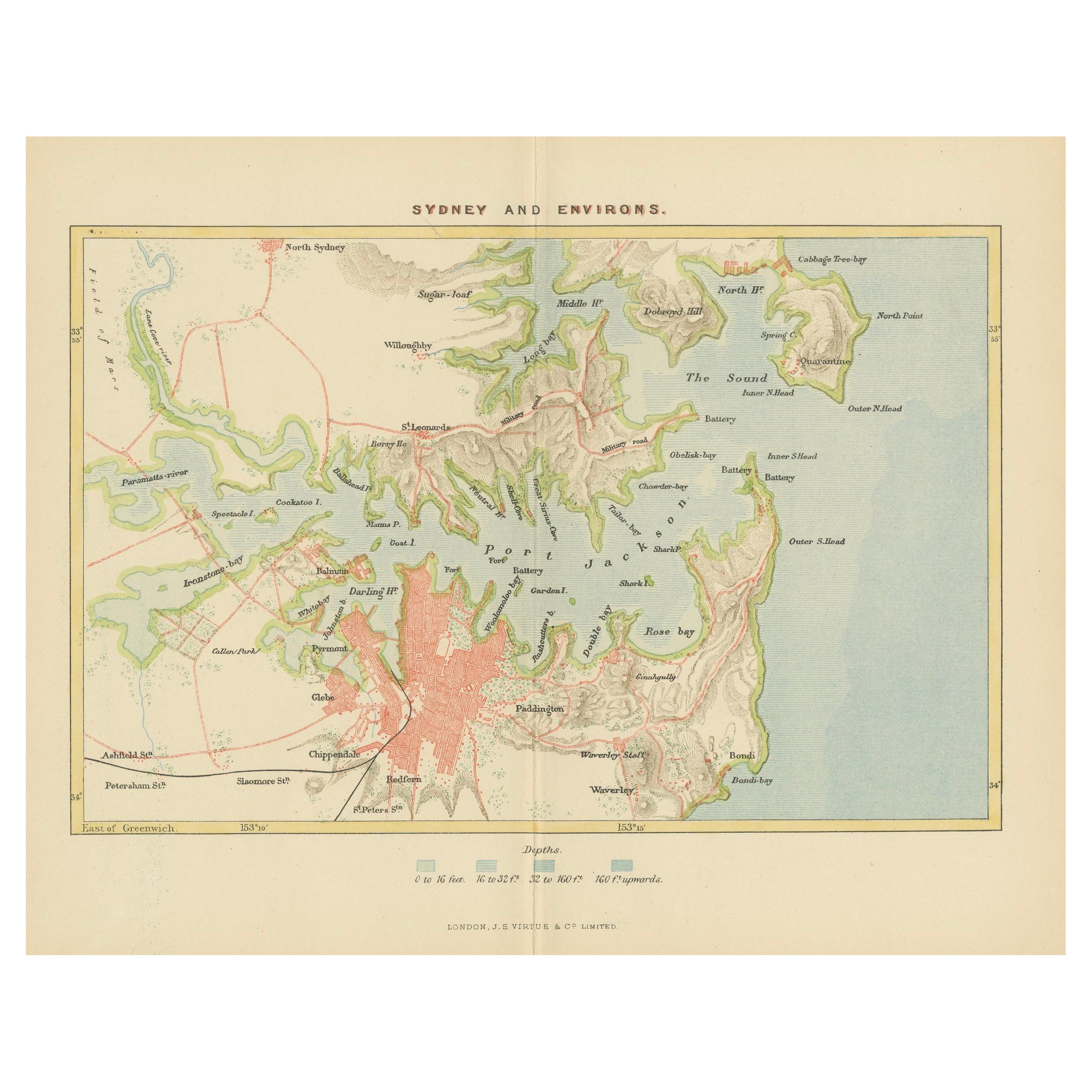 Carte ancienne représentant Sydney et ses régions environnantes, connues sous le nom de Port Jackson, vers 1889