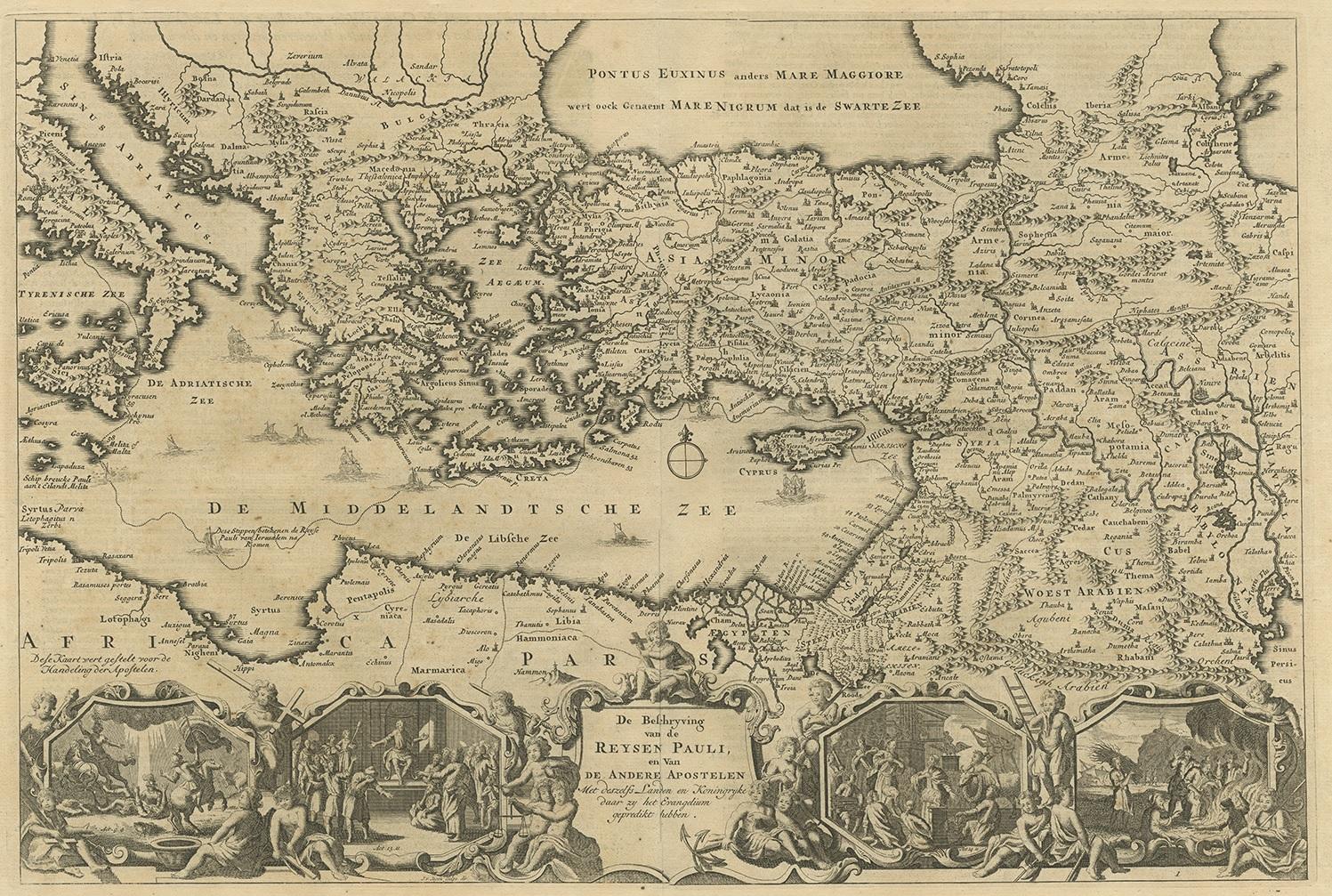 Antique map Middle East titled 'De Beschryving van de Reysen Pauli en van de Andere Apostelen'. Antique map of the Eastern Mediterranean with details of the travels by Apostle Paul and other apostles. Decorated with four Biblical scenes in vignettes.