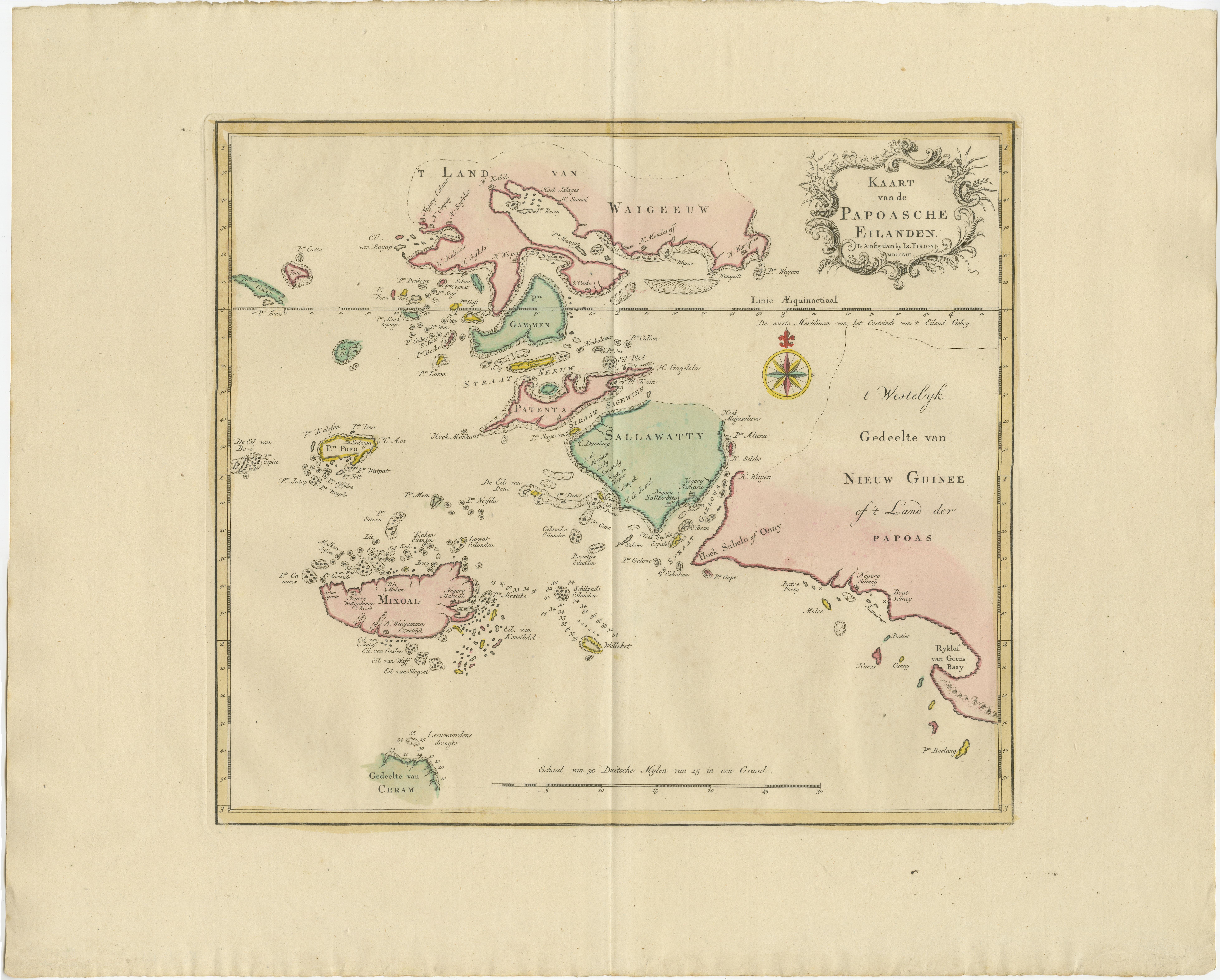 Antique map titled 'Kaart van de Papoasche Eilanden'. Beautiful original old map extending from the Spice Islands (Sallawatty, Patenta, Gammen, Land van Waigeeuw, Popo, Misool, and part of Seram) to the western end of Papua New Guinea. Many smaller
