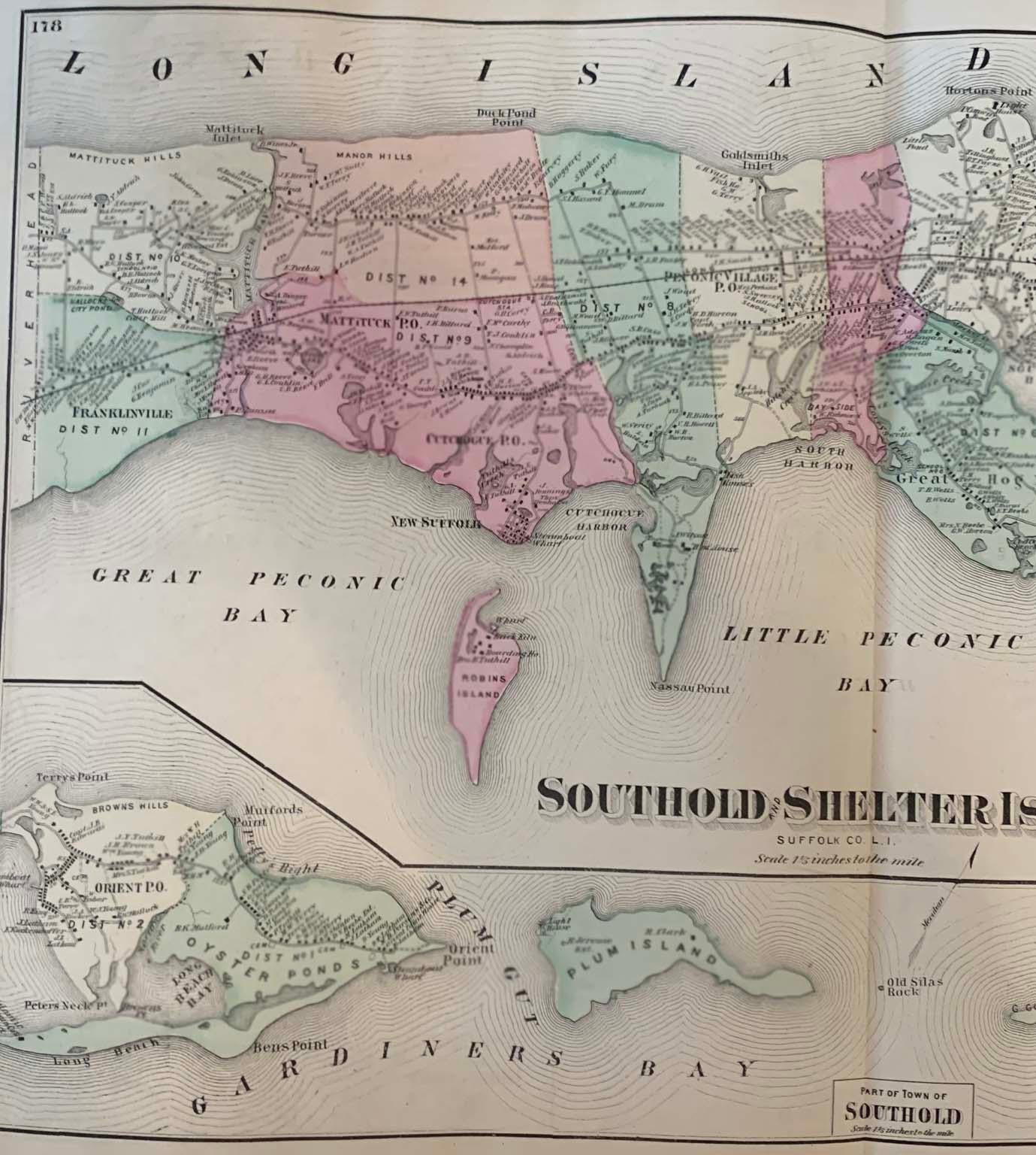 Antique map of Long Island, Southold, Shelter Island, Orient, Great details, Names of homes, Roads and Businesses in 1870. Unframed. This is an original map, not a repro.