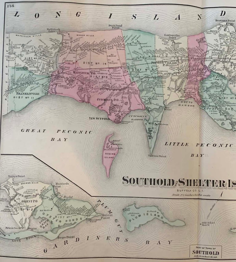 Antique Map Long Island, Southold, Shelter Island, Orient, New York For