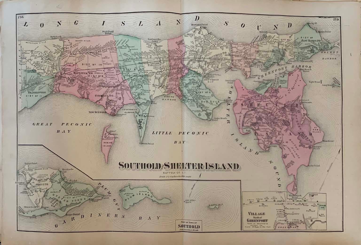 Antike Karte von Long Island, Southold, Shelter Island, Orient, große Details, Namen von Häusern, Straßen und Unternehmen im Jahr 1870. Ungerahmt. Es handelt sich um eine Originalkarte, nicht um eine Reproduktion.