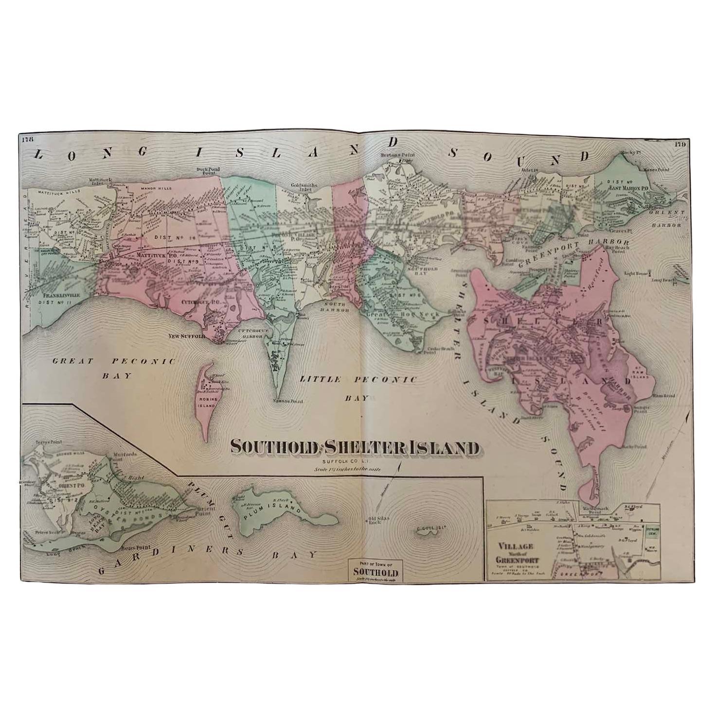 Antique Map Long Island, Southold, Shelter Island, Orient, New York For Sale