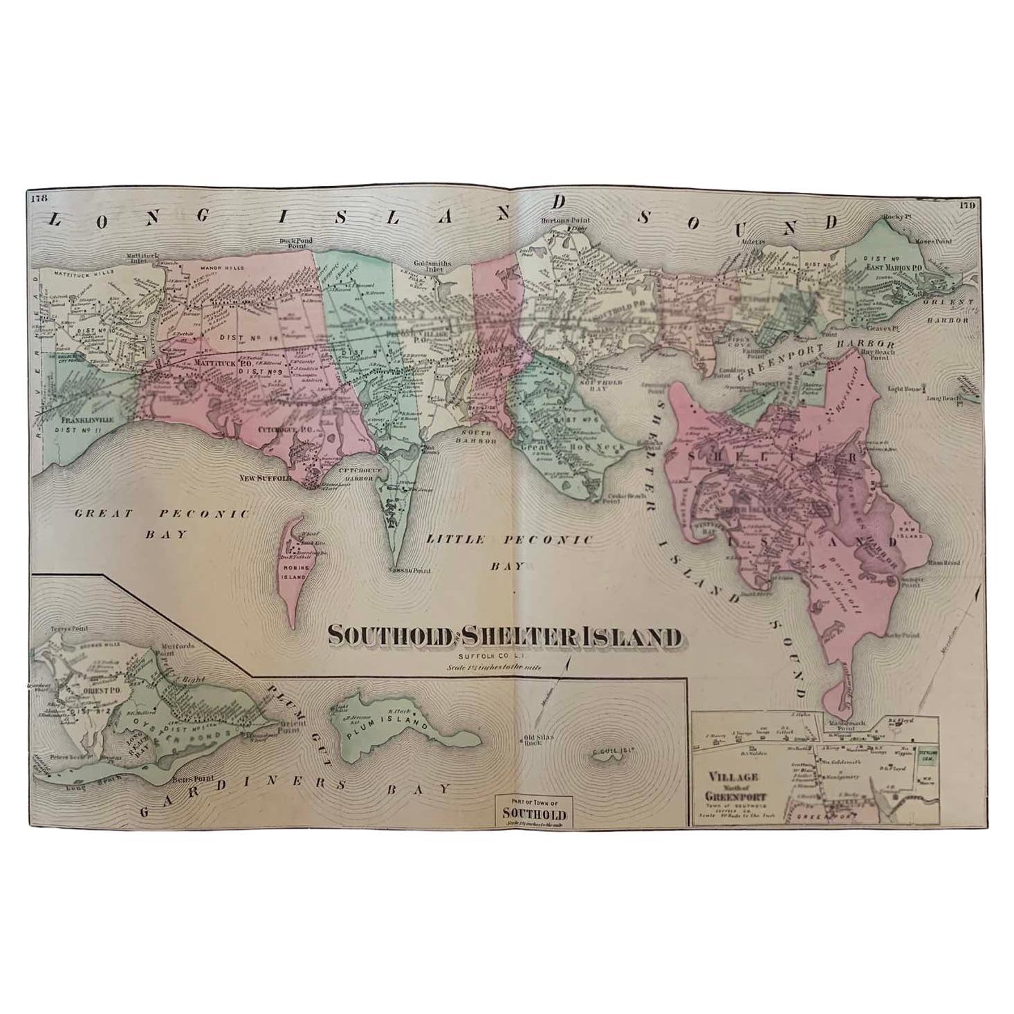 Mapa Antiguo Long Island, Southold, Shelter Island, Orient, Nueva York