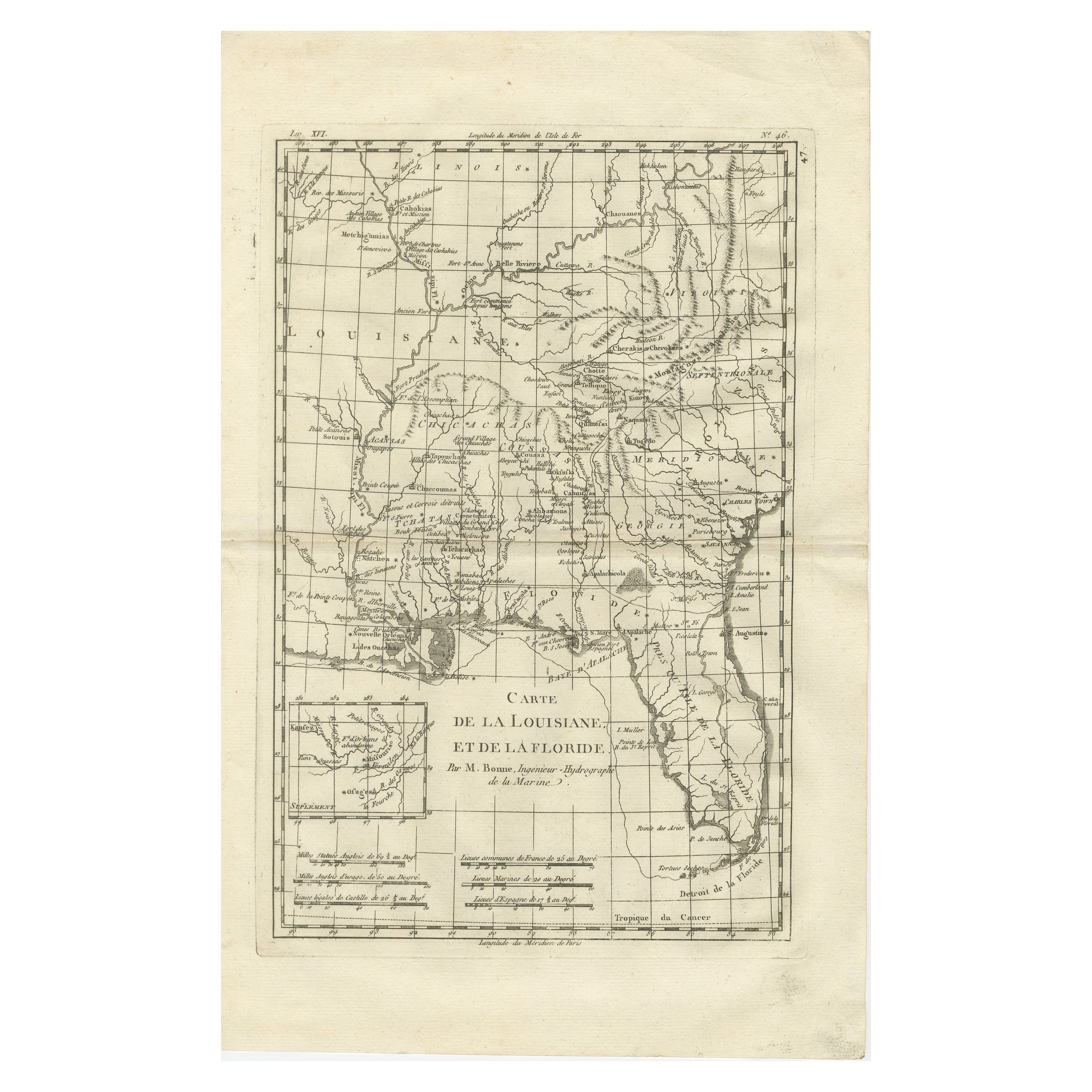 Antique Map Louisiana & Mississippi Valley — Florida Region, Bonne c.1780
