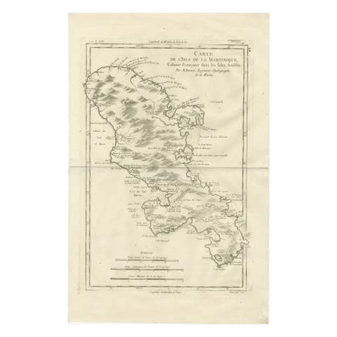 Antique Map Martinique Caribbean Island Chart, Rigobert Bonne French Map, c.1780