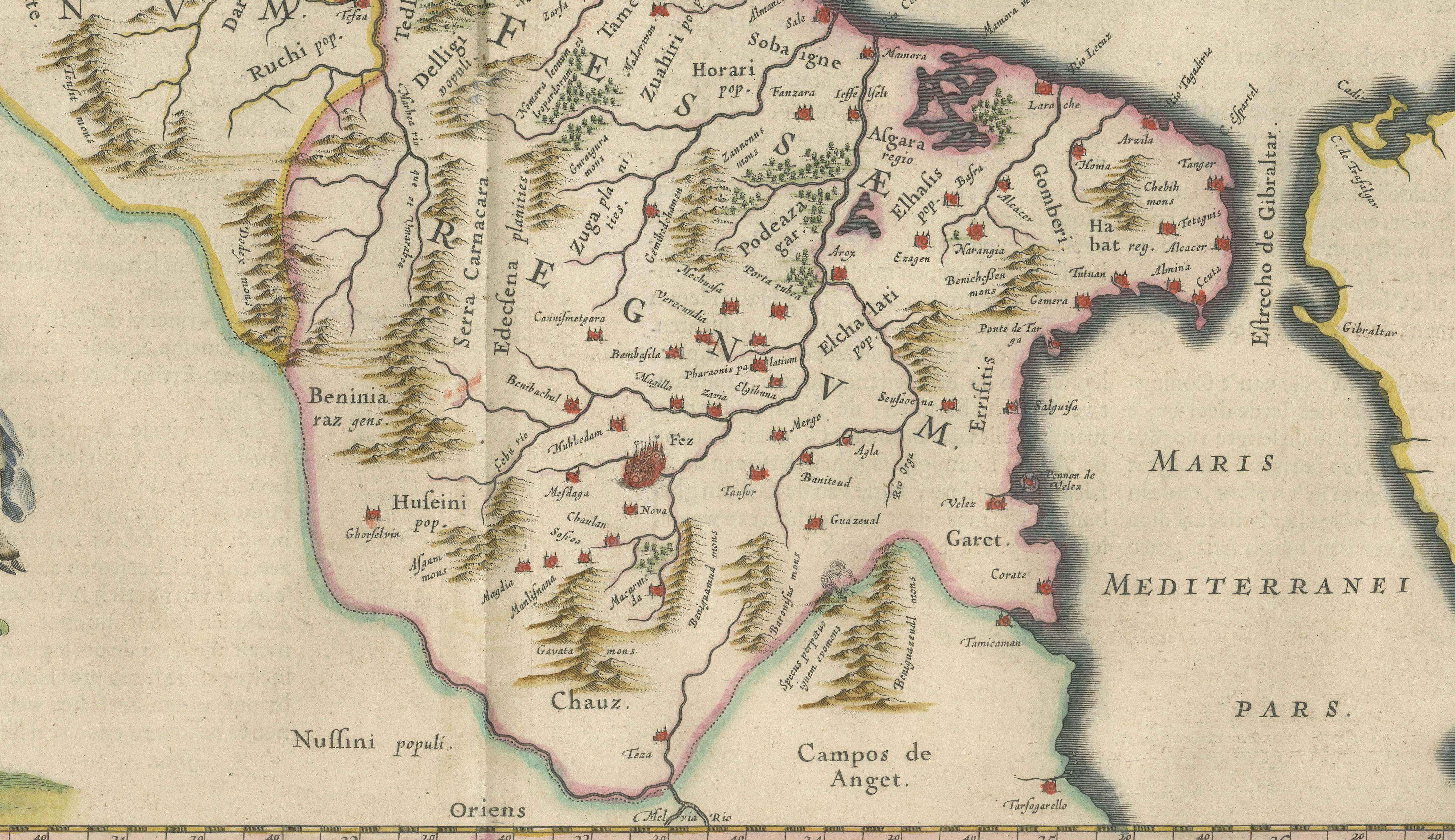 Antique Map Morocco Fez & Marrakesh, Blaeu Map, Hand-Colored c.1642