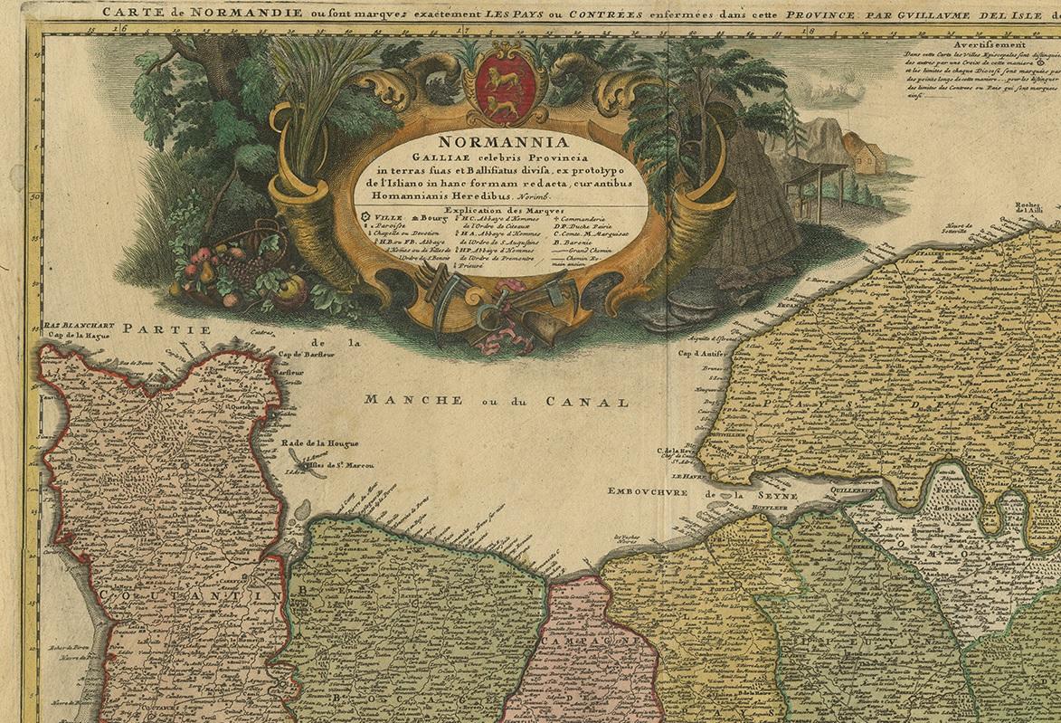 Antike Karte der Normandie „Frankreich“ von Homann Heirs, veröffentlicht um 1740 im Zustand „Gut“ im Angebot in Langweer, NL