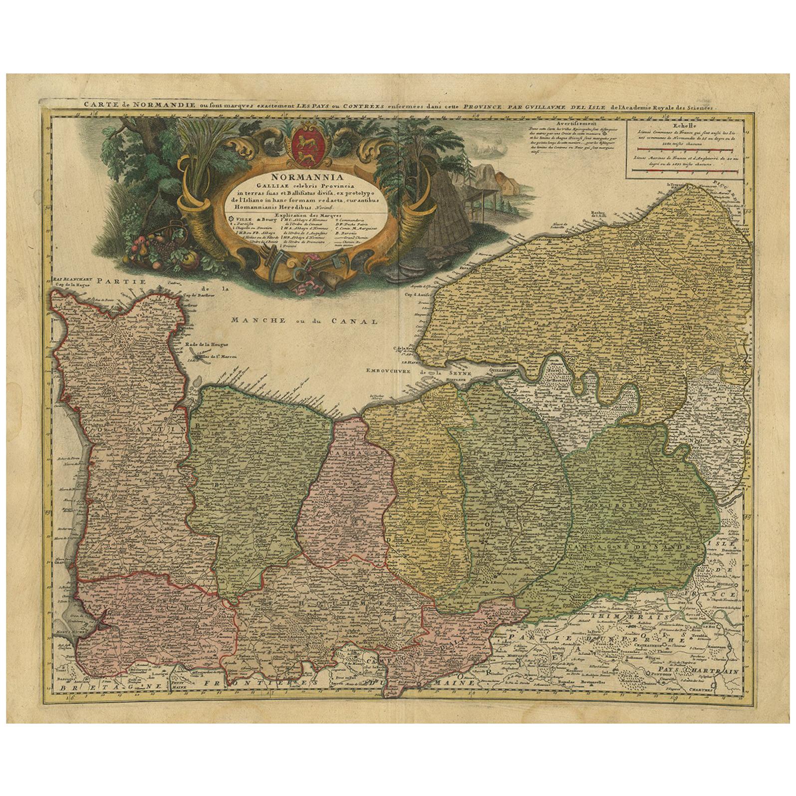 Antike Karte der Normandie „Frankreich“ von Homann Heirs, veröffentlicht um 1740
