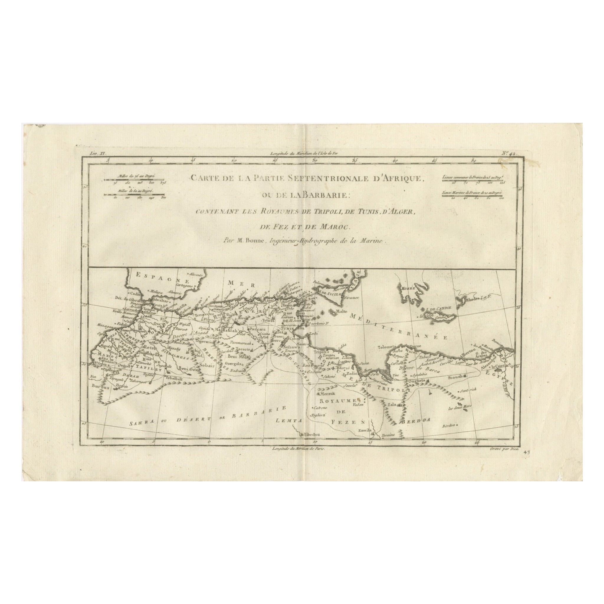 Antique Map North Africa Barbary Coast with Morocco Algeria Tunisia, Bonne c1780