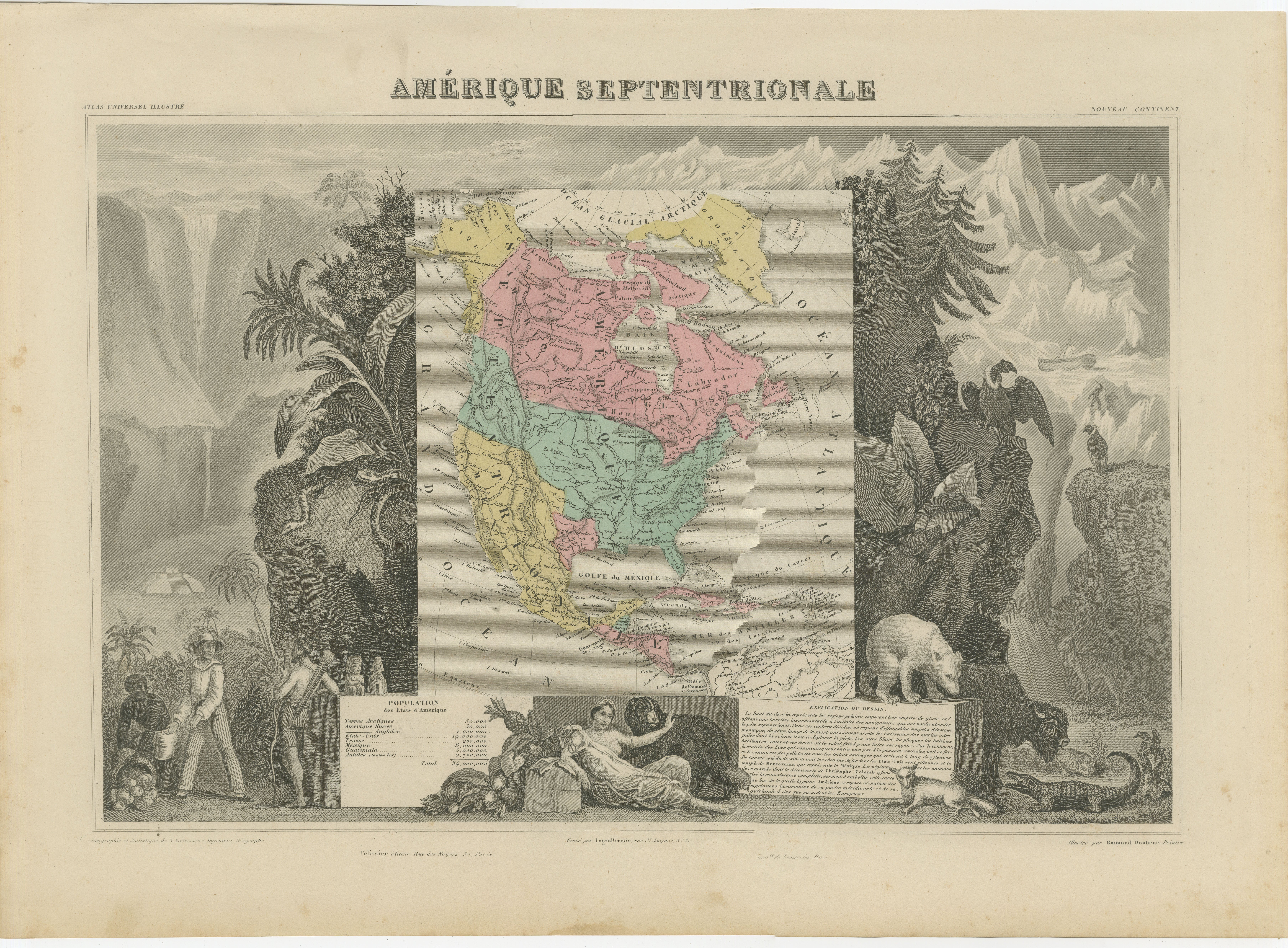 Antique Map North America, Texas Republic, Decorative Levasseur Atlas, c.1845