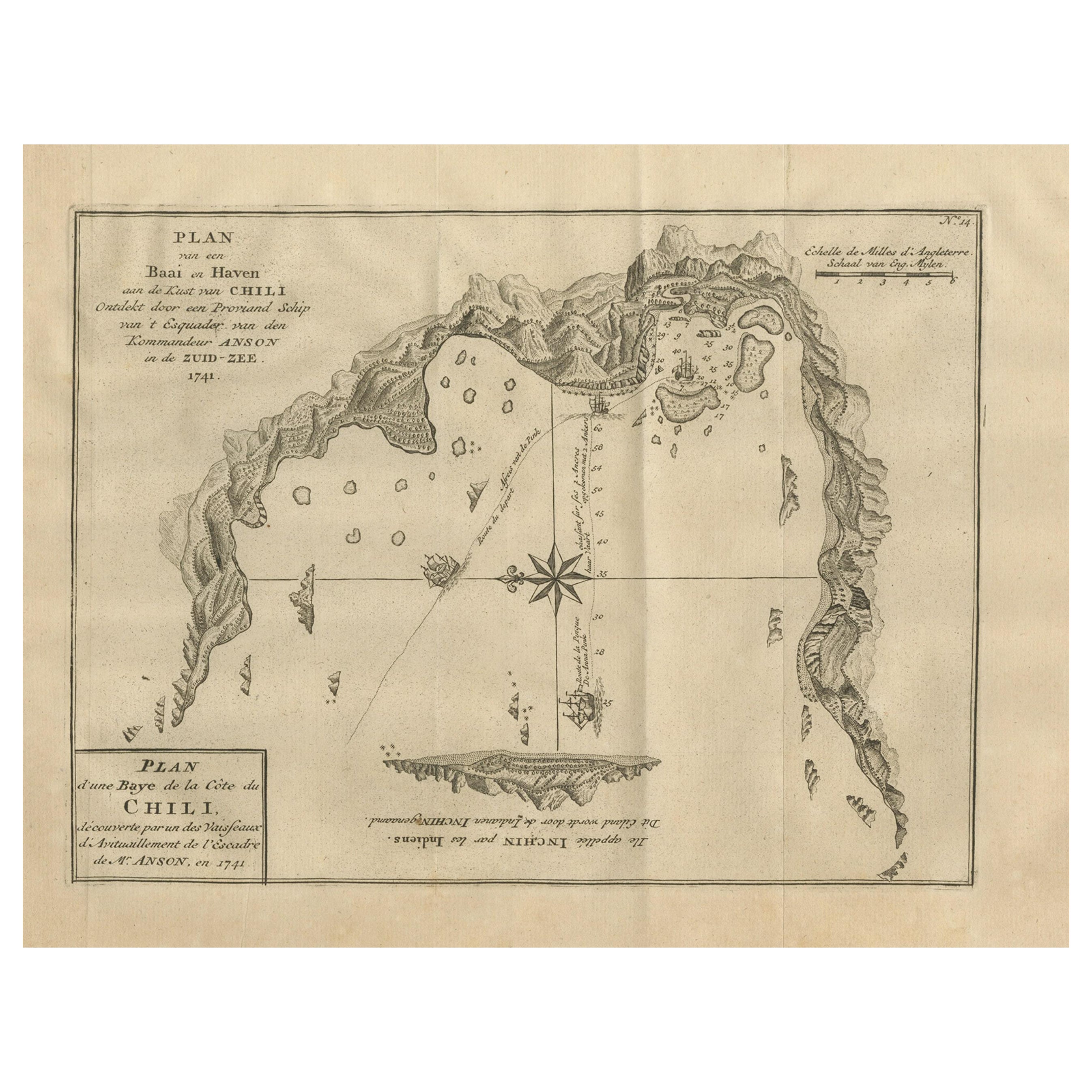 Carte ancienne d'une baie sur la côte du Chili, Amérique du Sud, vers 1749