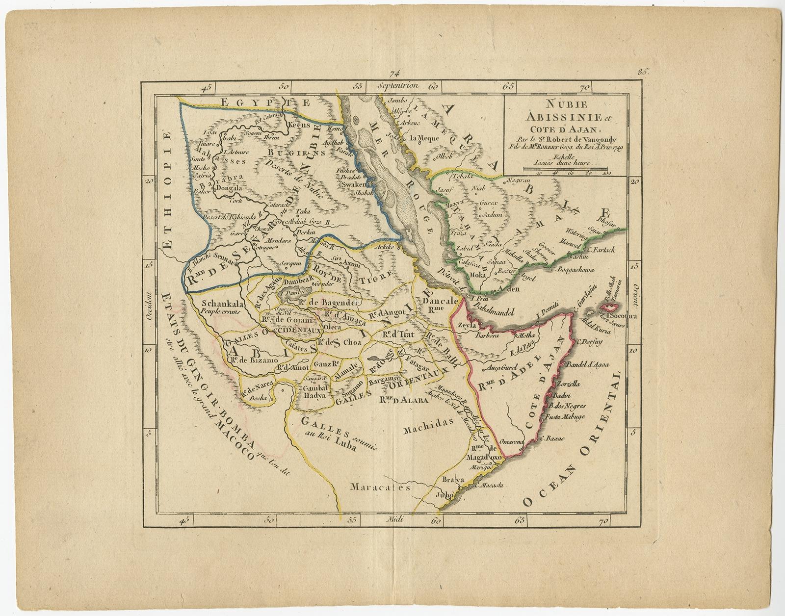 Antique map titled 'Nubie, Abissinie et Cote d'Ajan'. Map of Abyssinia, Sudan and the Red Sea by Robert Vaugondy. Covers from Arabia and Egypt south to Mogadishu and includes parts of modern day Sudan, Ethiopia, Somalia, Yemen, and Saudi Arabia.