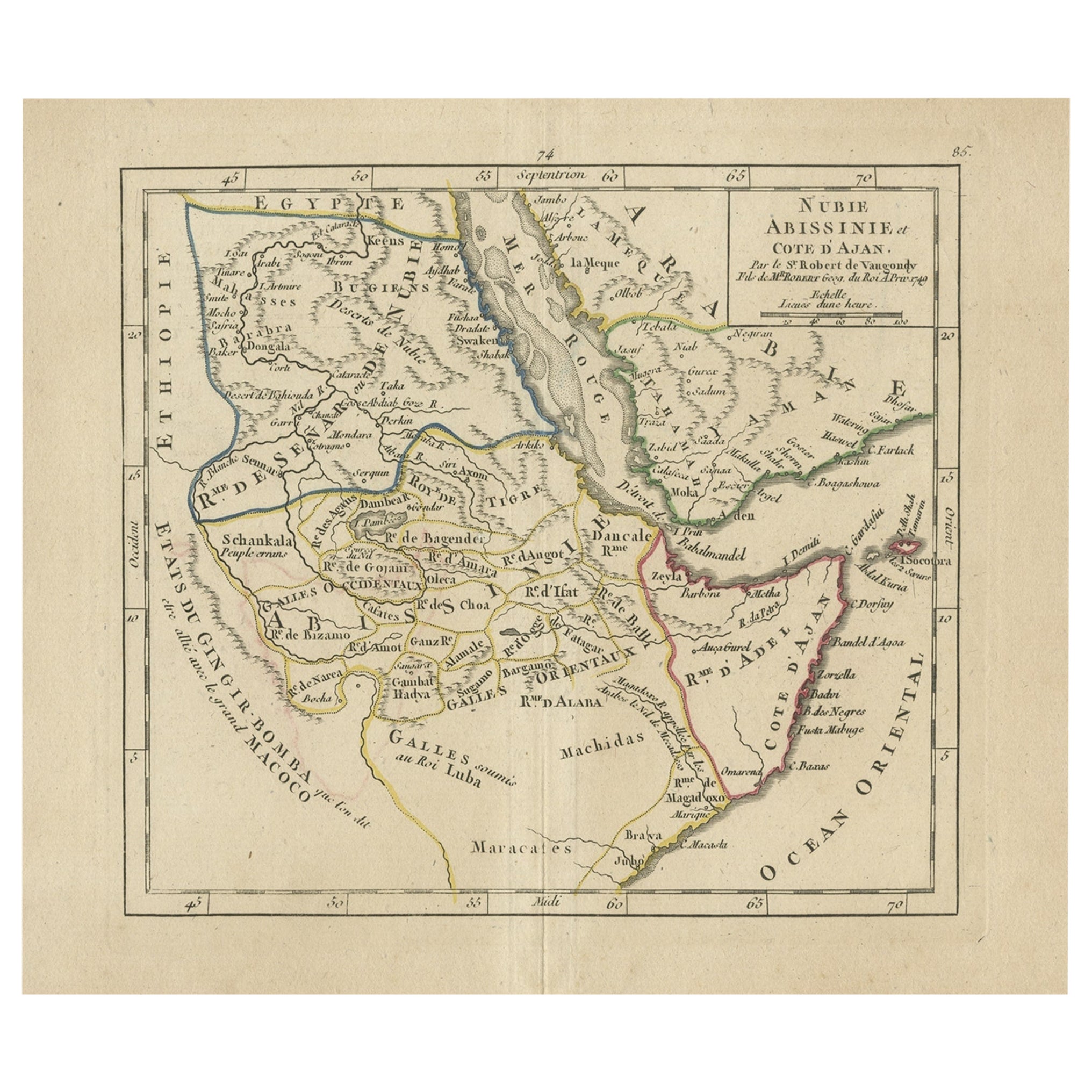 Mapa antiguo de Abisinia, Sudán y el Mar Rojo, Arabia y Egipto Sur, 1749 en venta