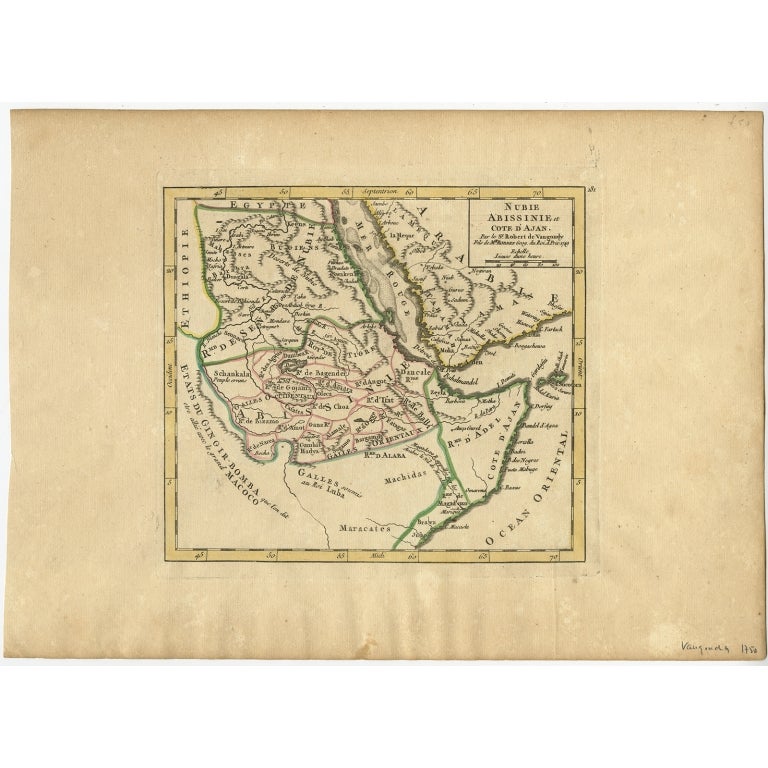 Antique map titled 'Nubie, Abissinie et Cote d'Ajan'. Map of Abyssinia, Sudan and the Red Sea by Robert Vaugondy. Covers from Arabia and Egypt south to Mogadishu and includes parts of modern day Sudan, Ethiopia, Somalia, Yemen, and Saudi Arabia.