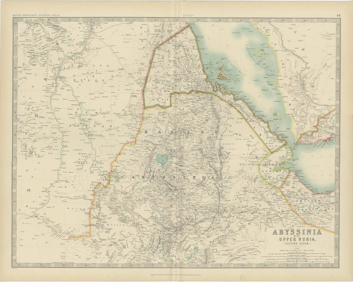 Antique Map of Abyssinia with Upper Nubia by Johnston, '1909'