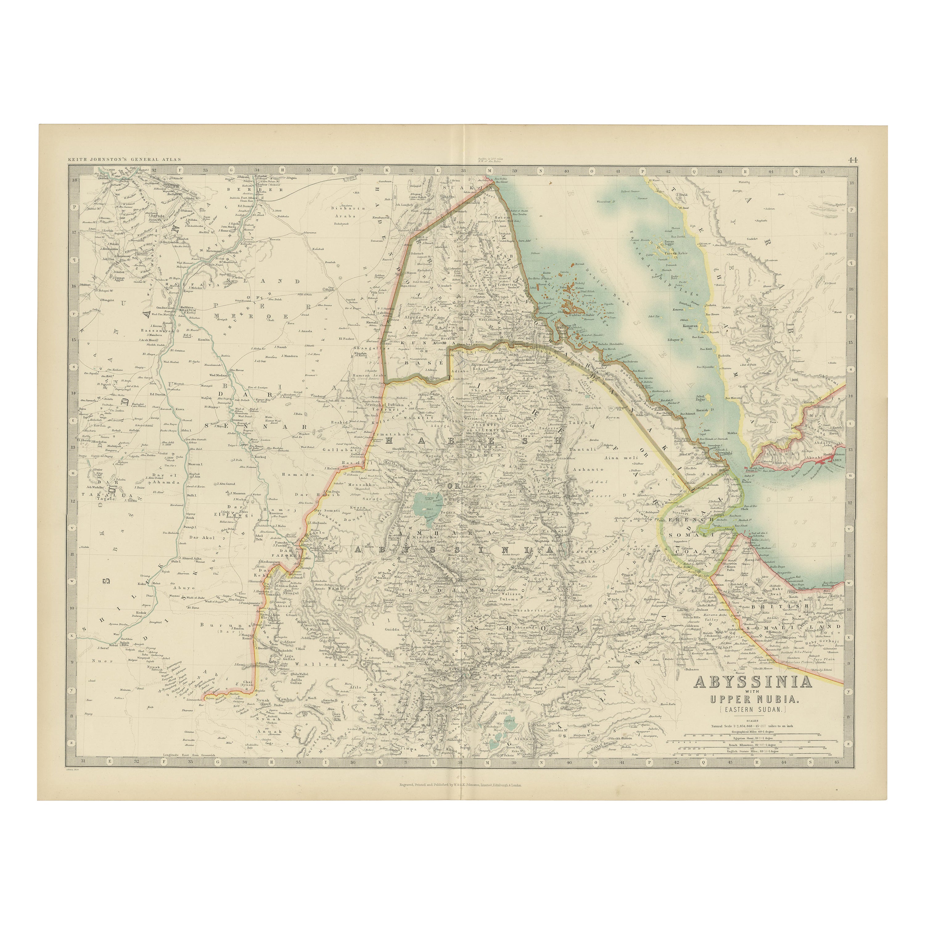Carte ancienne de Abyssinia avec Nubia supérieure de Johnston, '1909'