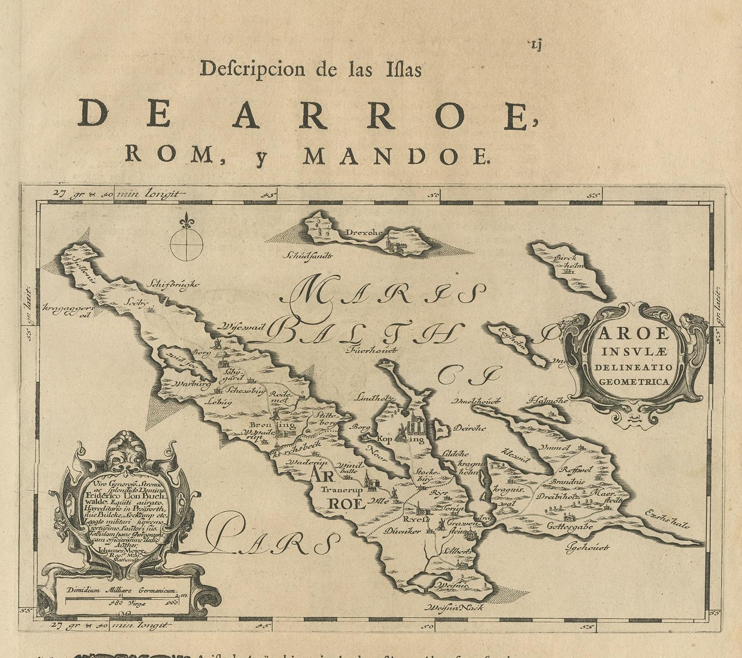 Antique map titled 'Aroe Insulae delineatio geometrica'. Old map of Aero, a small Danish island in the Baltic Sea. This map originates from a Spanish edition of 'Atlas Maior' by J. Blaeu.