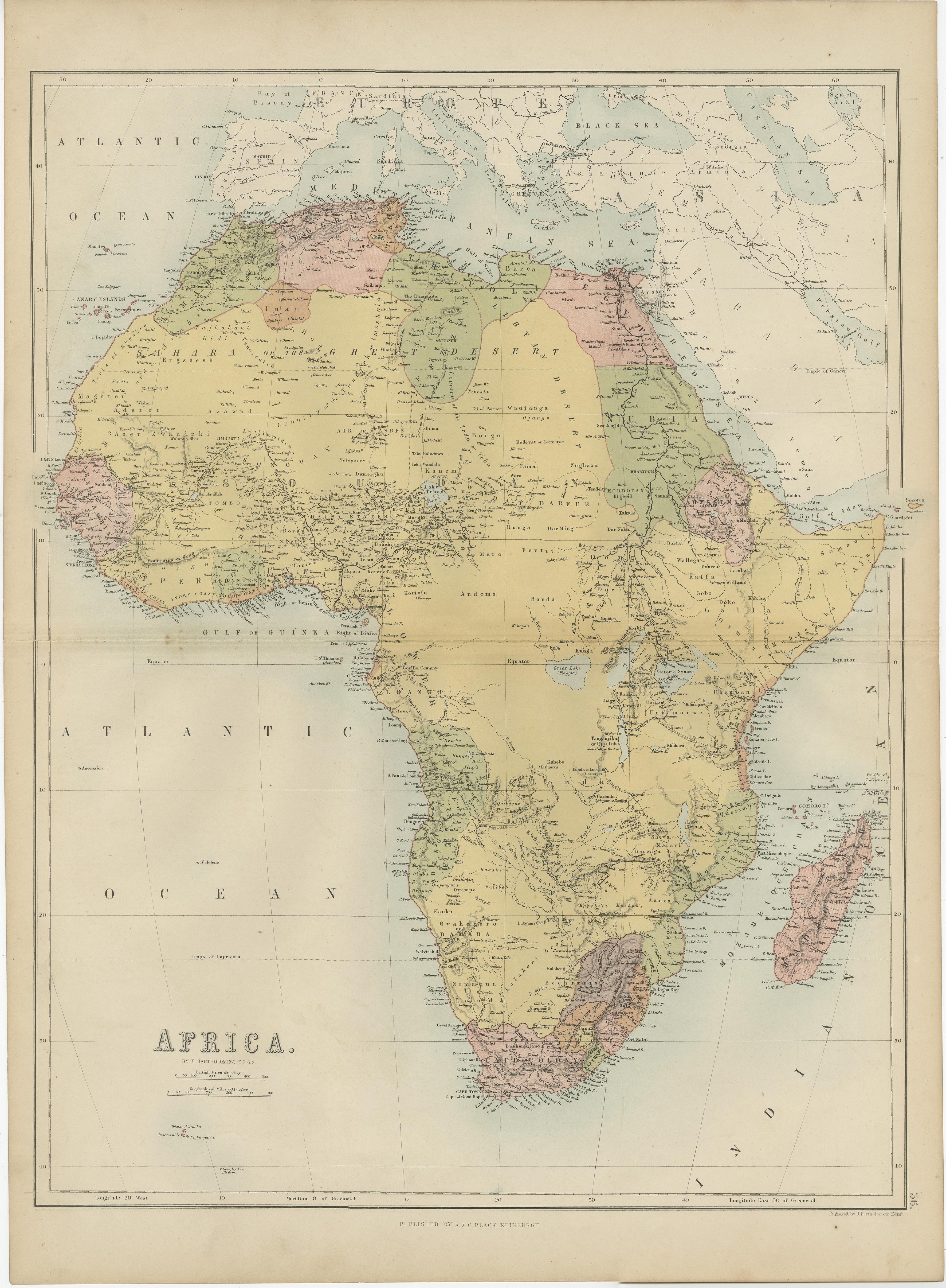 Antique map titled 'Africa'. Original antique map of Africa. This map originates from ‘Black's General Atlas of The World’. Published by A & C. Black, 1870.