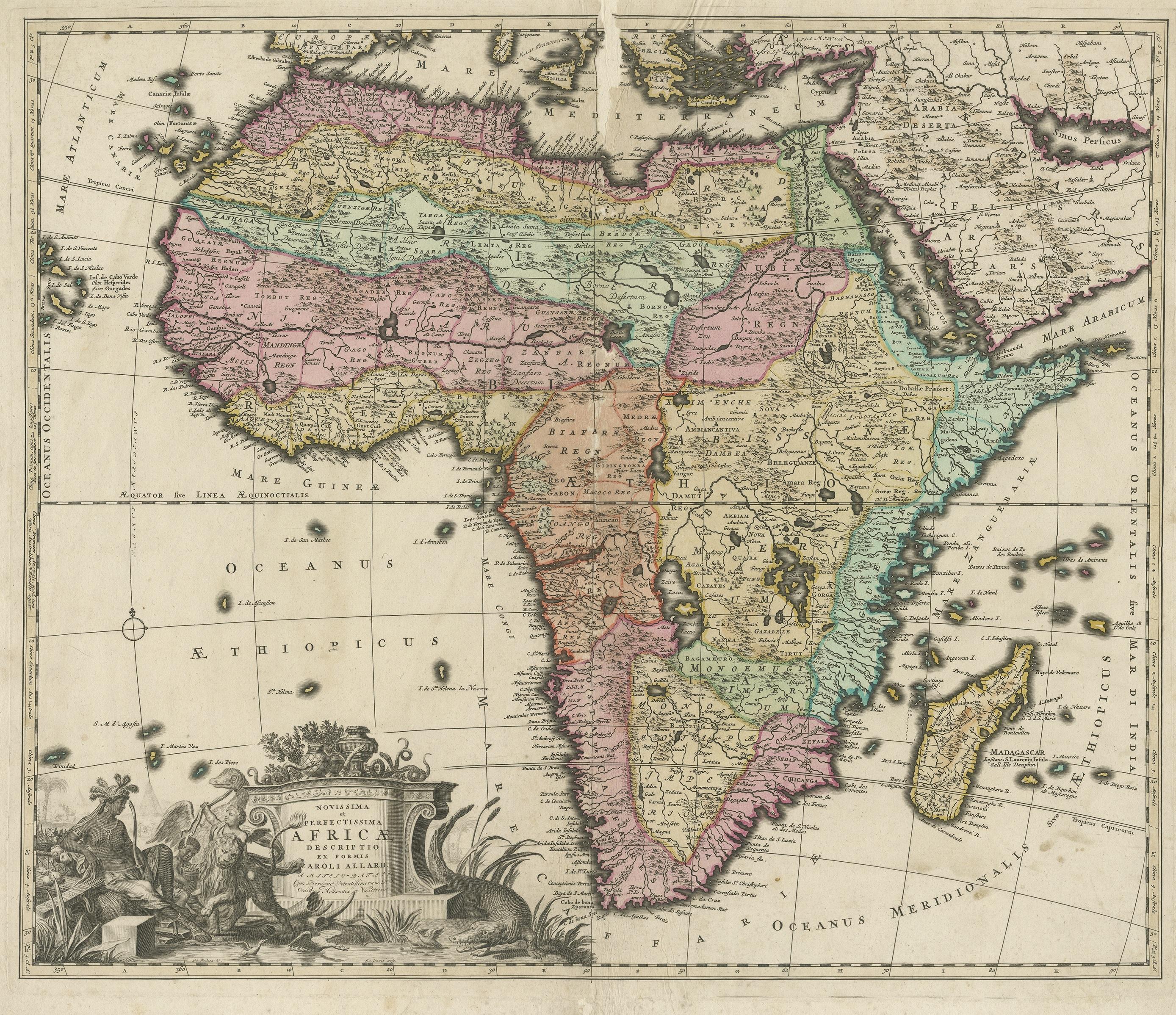 Antique map titled 'Novissima et Perfectissima Africae (..)'. Beautiful large map of Africa. This is the 3rd state of the map, with climate notation added in border (1697, Betz 162, Norwich 54). Very decorative cartouche. Published by A. Allard,