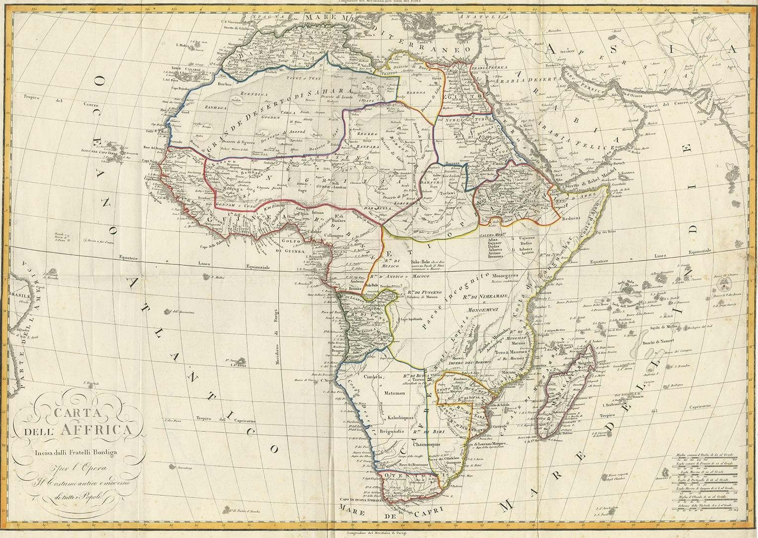 Antike Karte mit dem Titel 'Carta dell Africa'. Große und recht seltene italienische Karte von Afrika, die den damaligen Kenntnisstand über die Geografie des Kontinents widerspiegelt, wobei große Gebiete völlig leer gelassen wurden. Soweit bekannt,