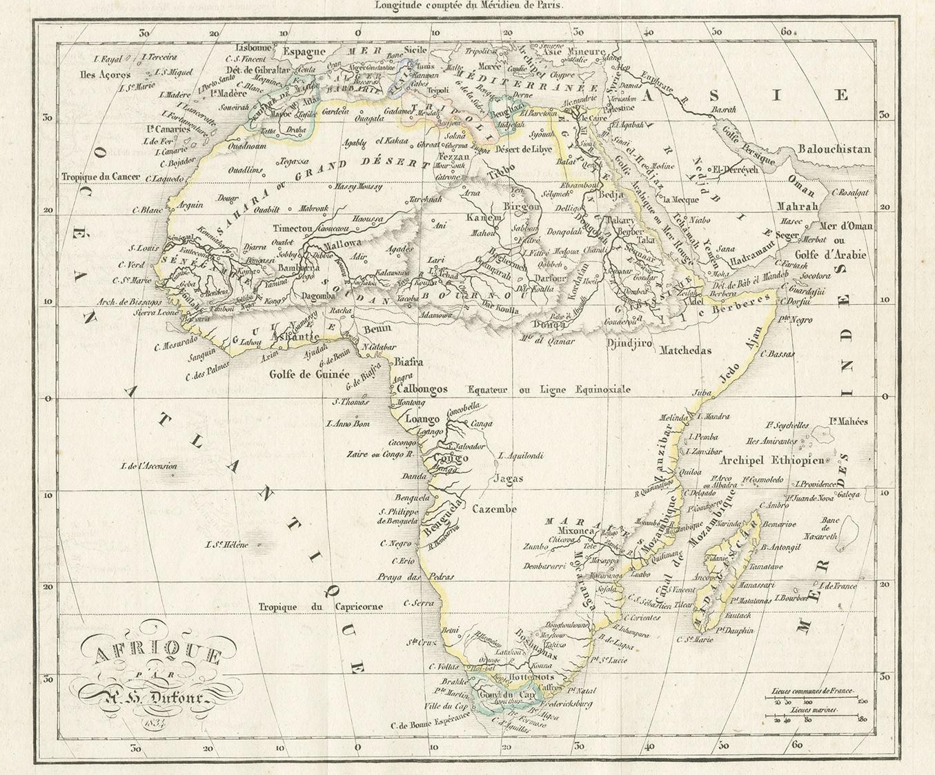 Antique map titled 'Afrique'. Uncommon map of Africa. Published by or after A.H. Dufour, circa 1834. Source unknown, to be determined.