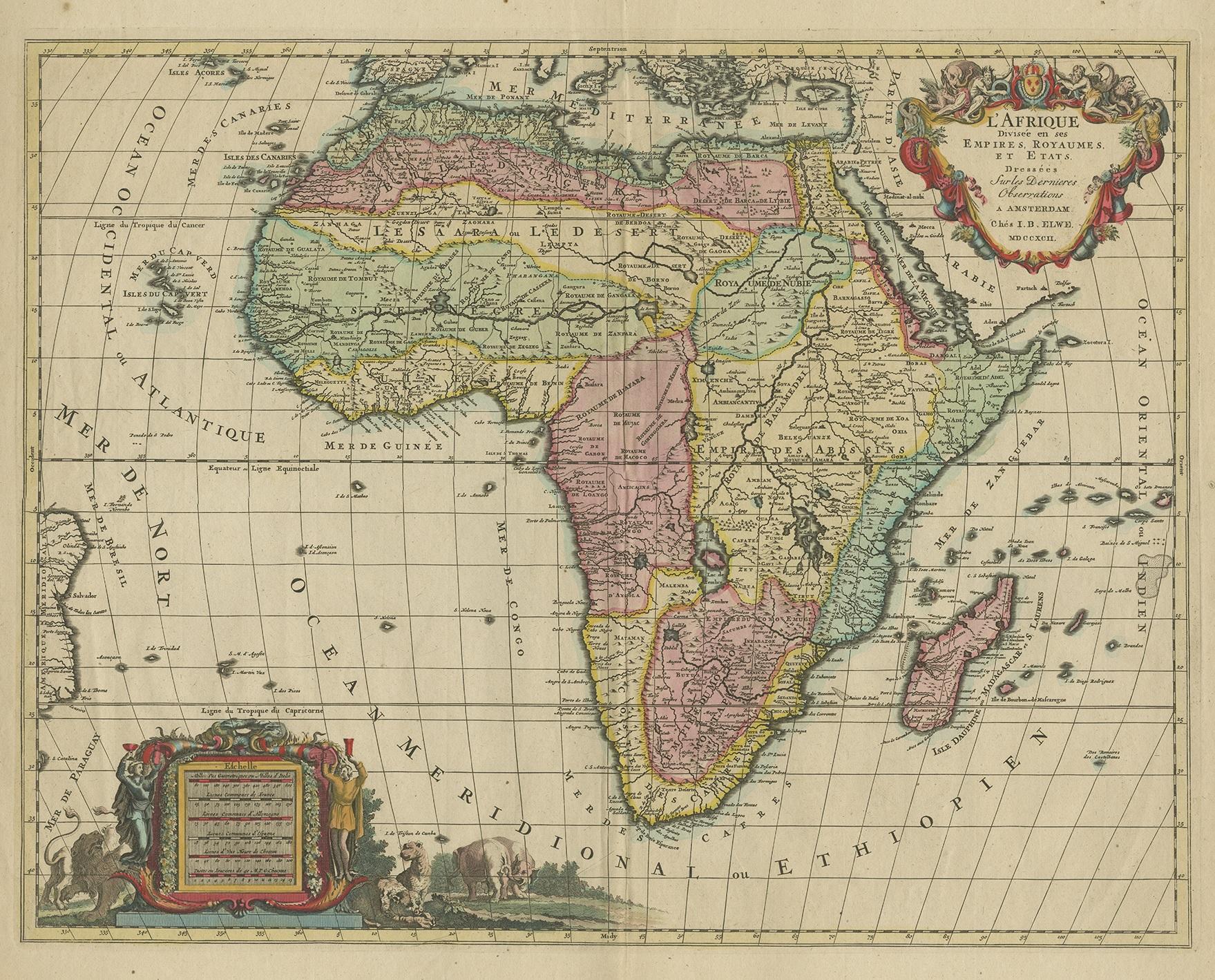 Antique map titled 'l'Afrique Divisée en ses Empires, Royaumes, et Etats'. Decorative large map of Africa. The cartography is typical for the 17th century with the Nile originating in two large lakes below the equator. The River Zaire (Congo) also