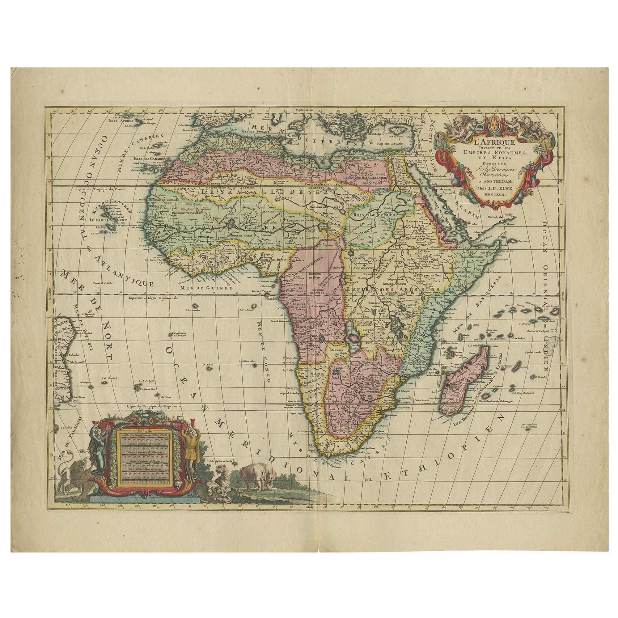 Mappa antica originale dell'Africa colorata a mano da Elwe "1792