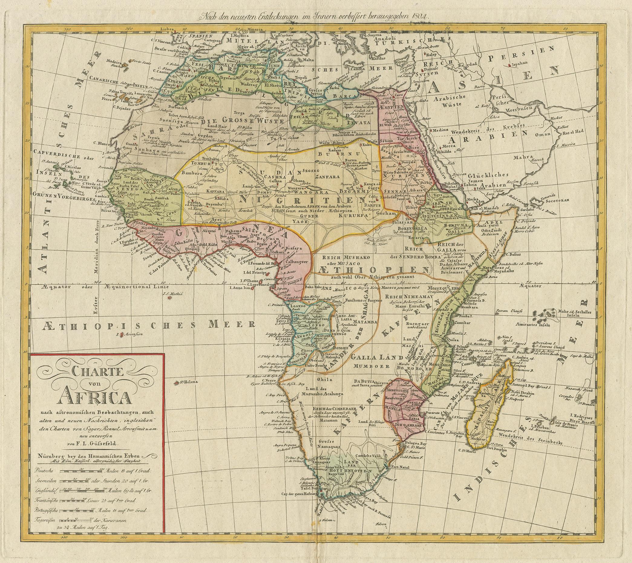 Antique map titled 'Charte von Africa'. Large, original antique map of Africa by Franz Ludwig Güssefeld. Published by Homann Heirs, 1804.