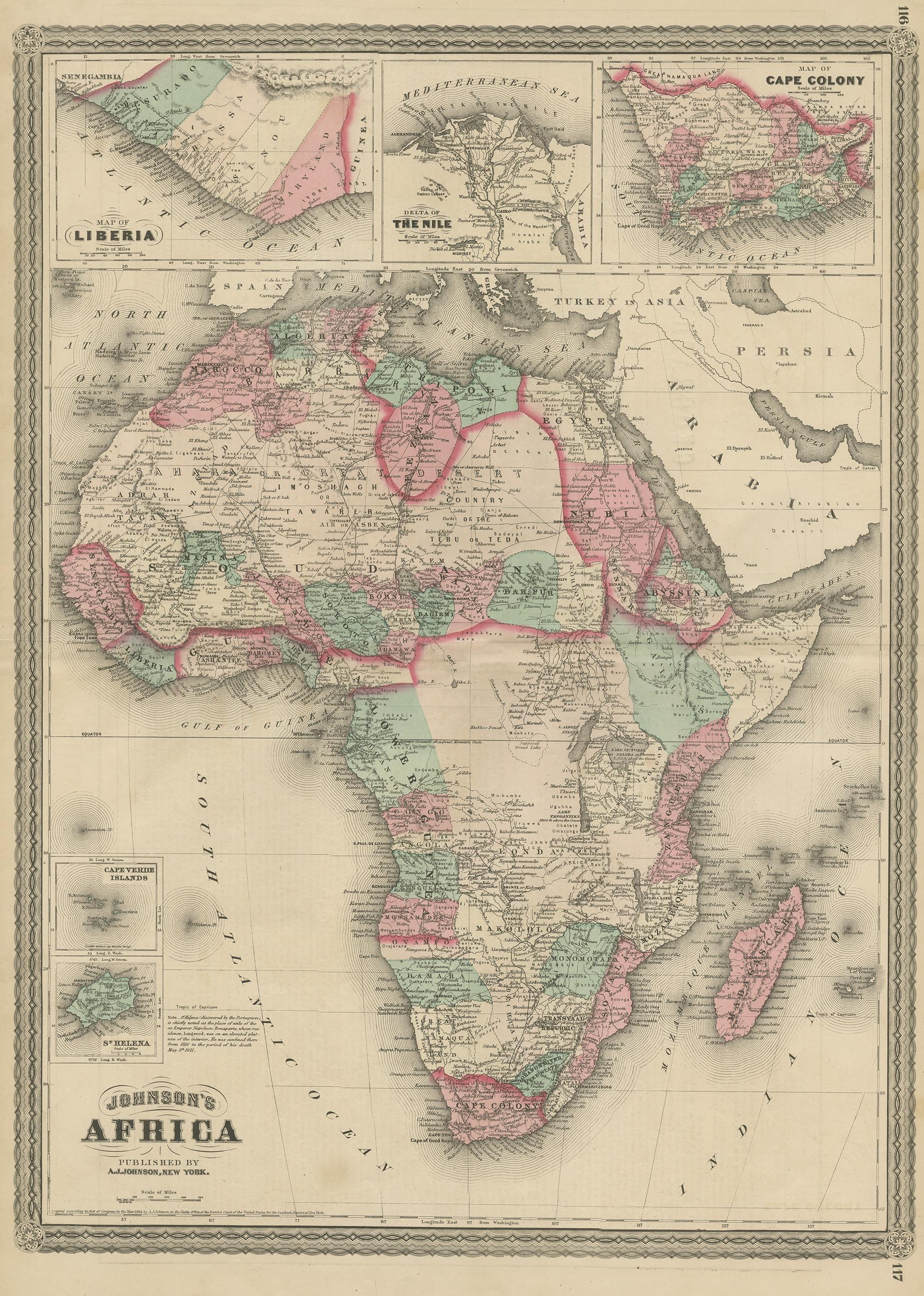 Antique map titled 'Johnson's Africa'. Original map of Africa, with inset maps of Liberia, the delta of the Nile, Cape Colony, Cape Verde Islands and St. Helena. This map originates from 'Johnson's New Illustrated Family Atlas of the World' by A.J.