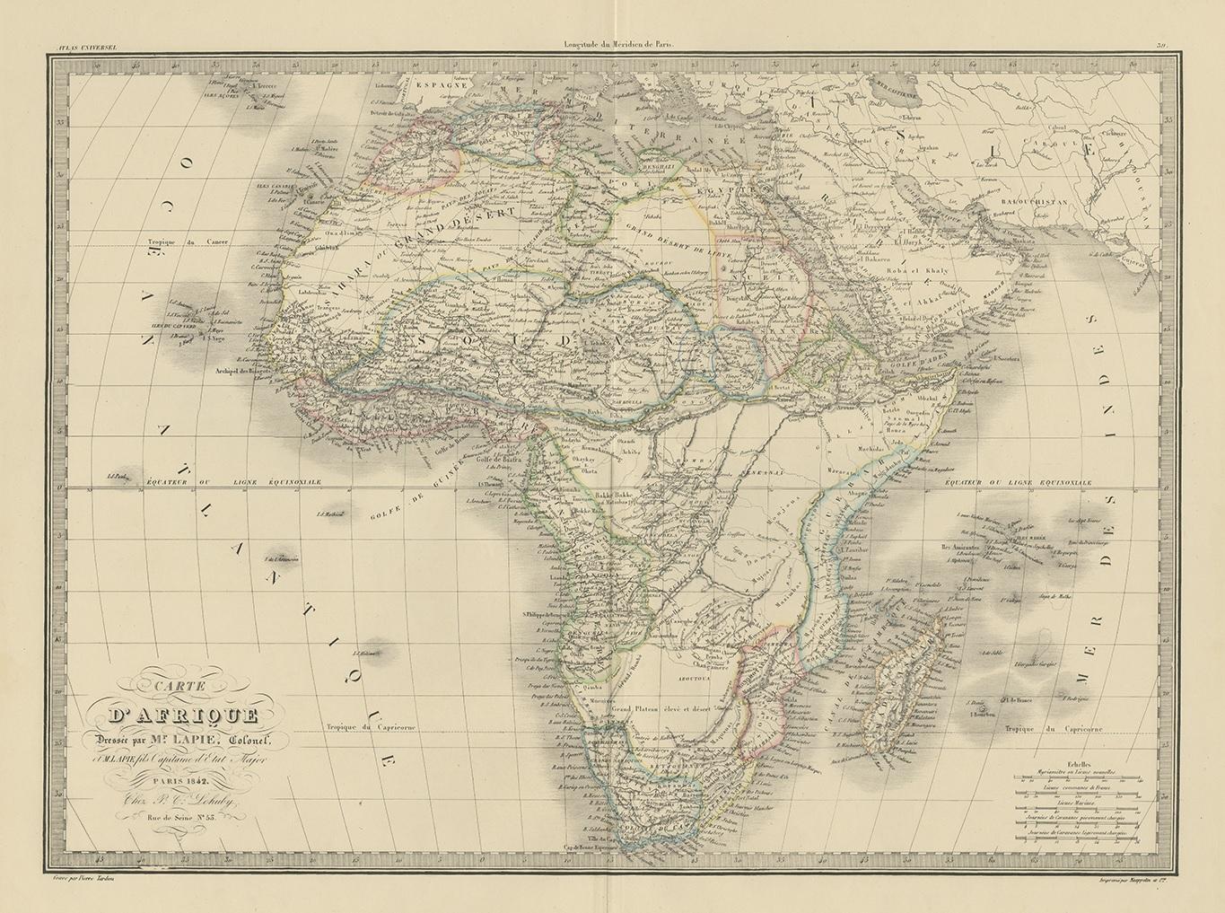Antique map titled 'Carte d'Afrique'. Map of Africa. This map originates from 'Atlas universel de géographie ancienne et moderne (..)' by Pierre M. Lapie and Alexandre E. Lapie. Pierre M. Lapie was a French cartographer and engraver. He was the