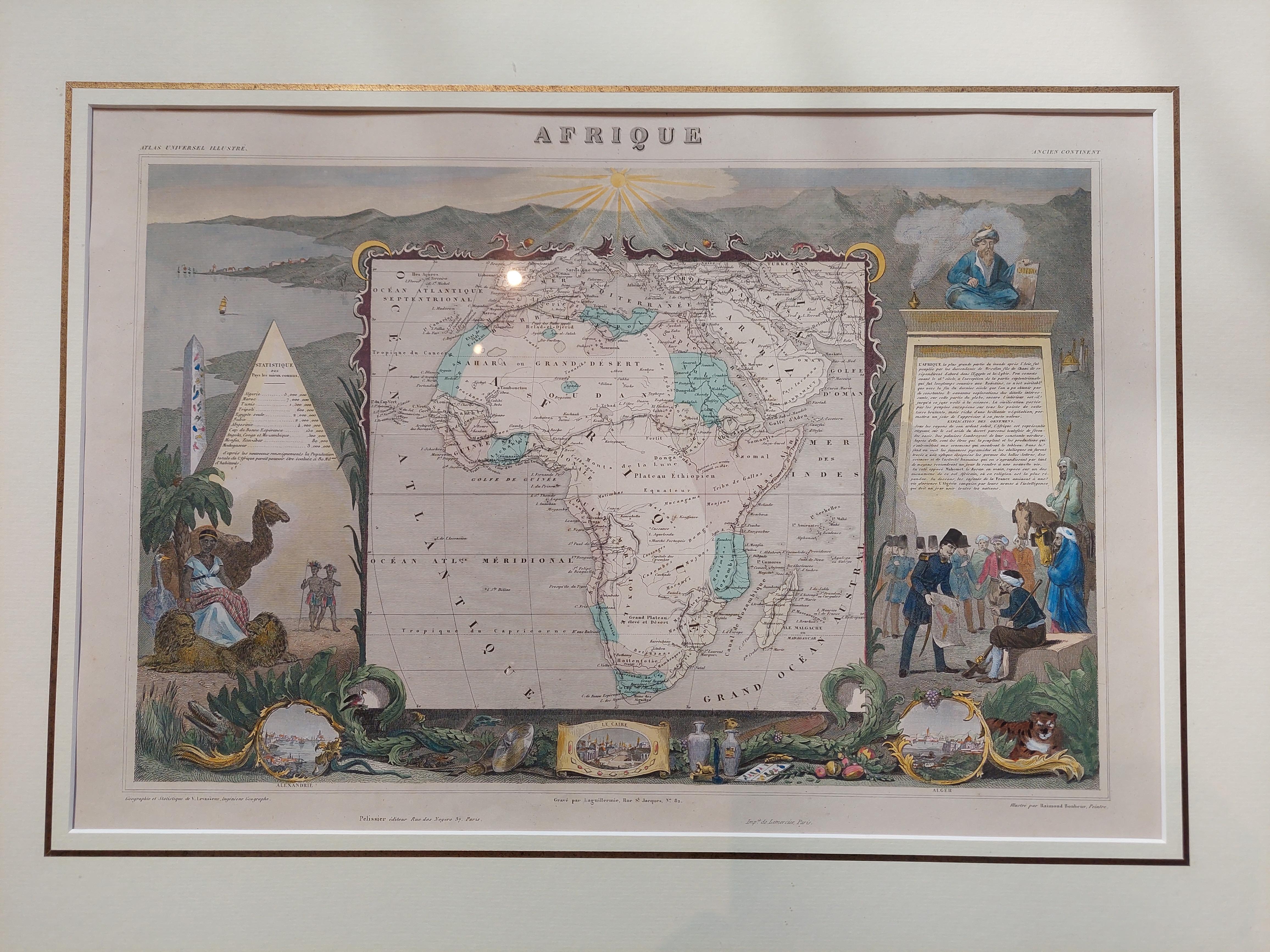 Antique map titled 'Afrique'. Original antique map of Africa. Decorative map of the continent surrounded by allegorical vignettes. Engraved by Raimond Bonheur, father of the famous French artist Rosa Bonheur. This map originates from 'Atlas National