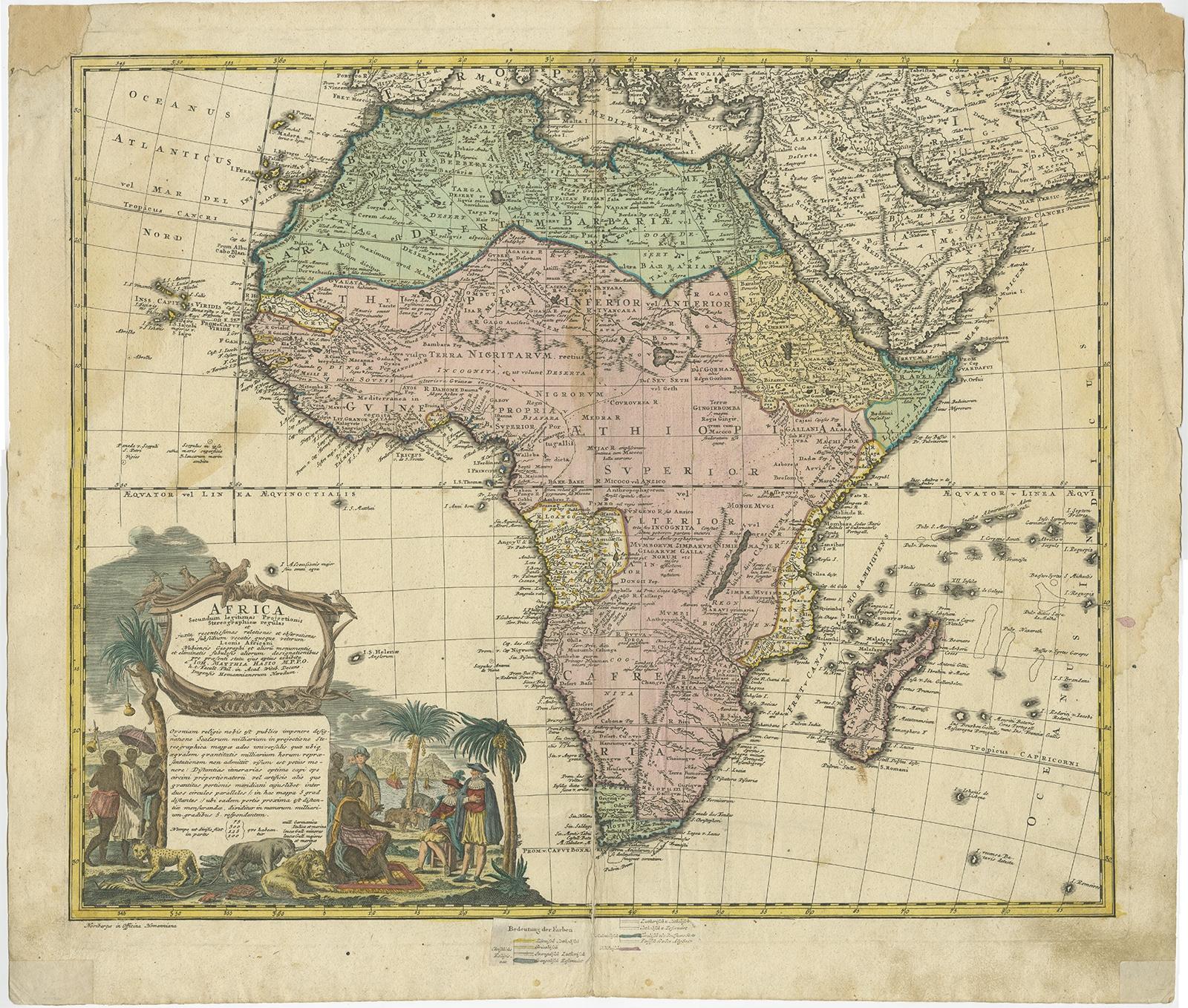 Carte ancienne d'Afrique, cartouche avec carillons d'éléphants et serpent en corne, 1737 État moyen - En vente à Langweer, NL