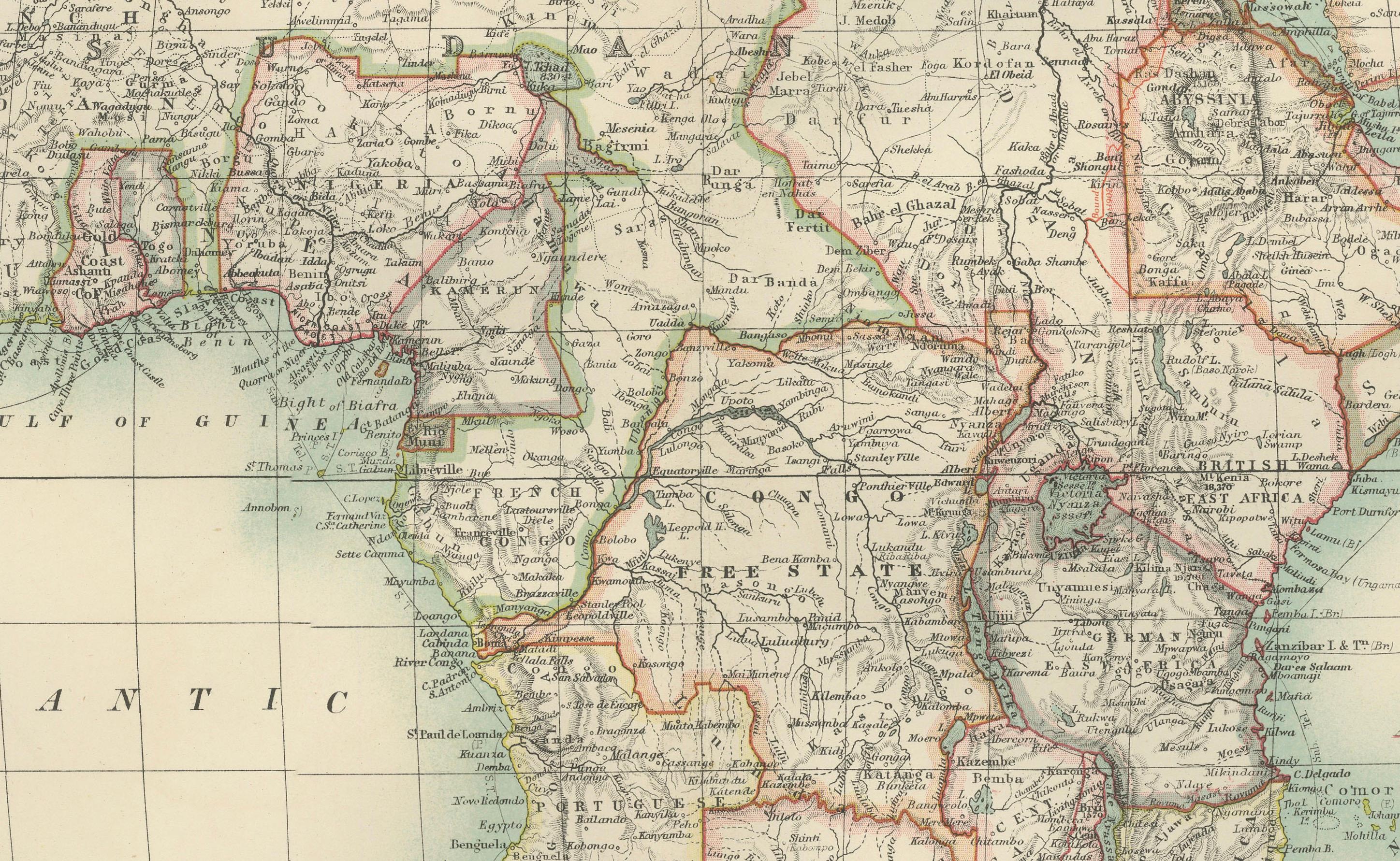 Titel: Antike Karte von Afrika, 1903, mit kolonialen Unterteilungen und geographischen Besonderheiten

Beschreibung: Diese antike Karte mit dem Titel 