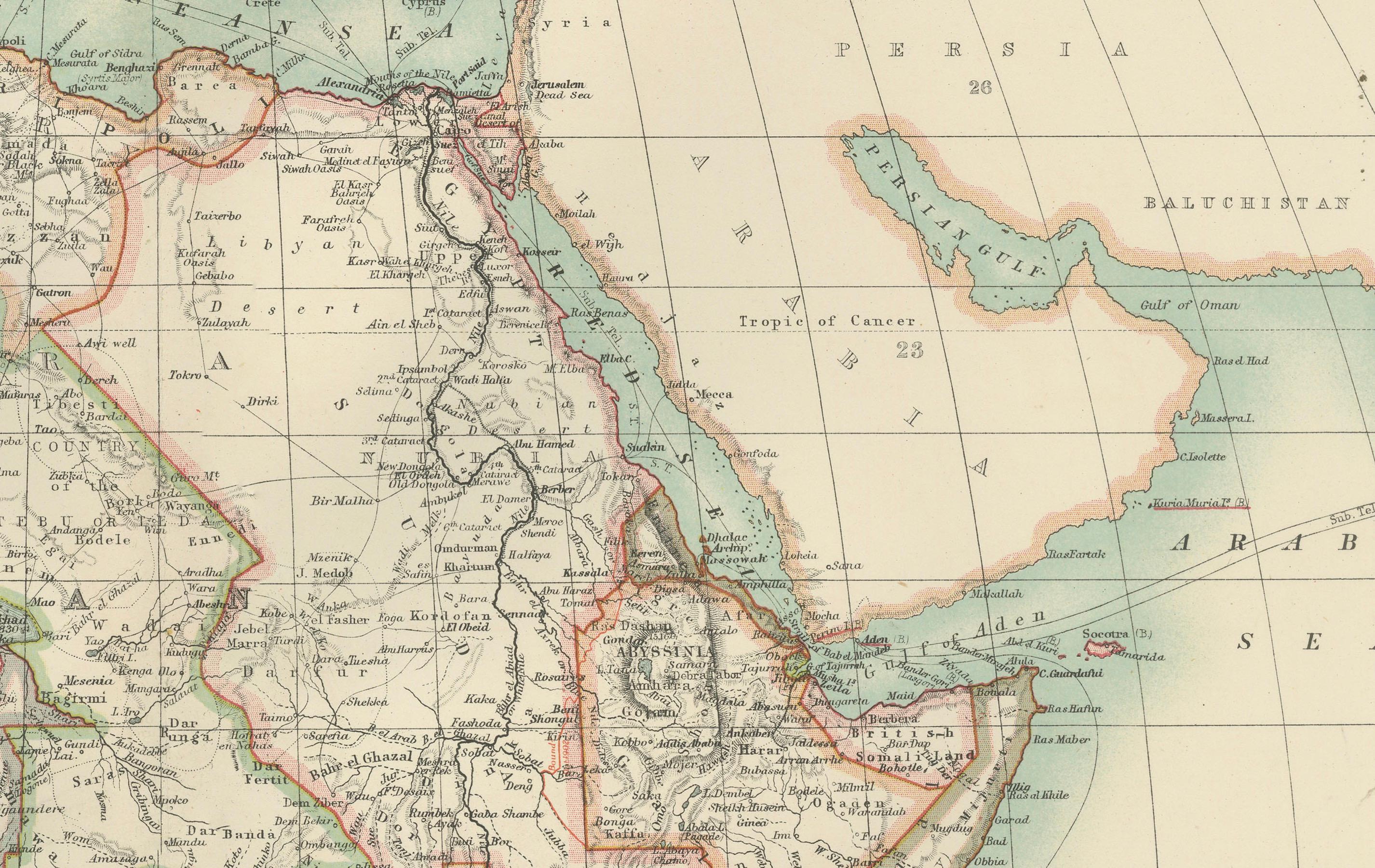 Antike Karte von Afrika, Hervorhebung der kolonialen Aufteilungen, geografische Merkmale 1903 (Papier) im Angebot