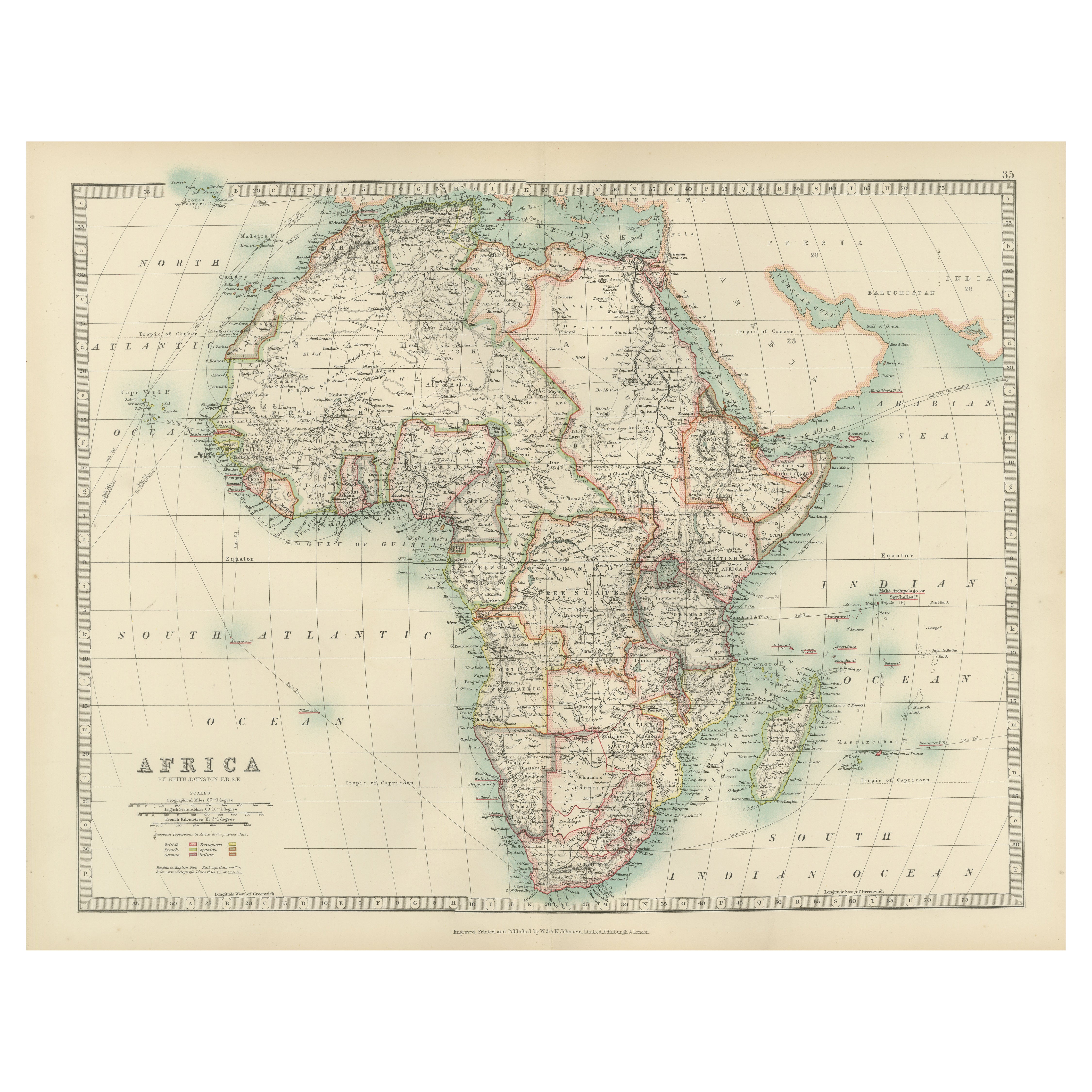 Carte ancienne de l'Afrique, mettant en évidence les divisions coloniales, les caractéristiques géographiques 1903