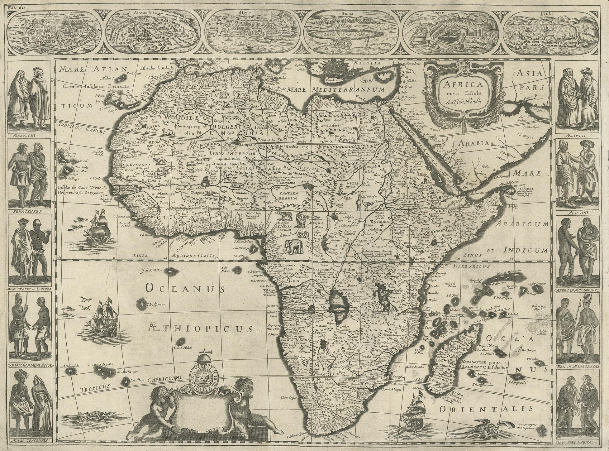 Antique map titled 'Africa Nova Tabula Auct Jud. Hondio'. Beautiful and rare paneled map of Africa, Based Upon Hondius' map. The first derivative of the map was issued separately by Hondius in 1618. This example is based upon the second state of
