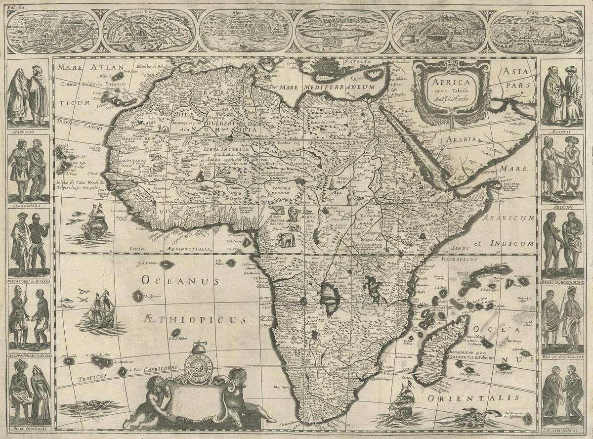 Antique Map of Africa by Janssonius, Rare Paneled Print, Circa 1655