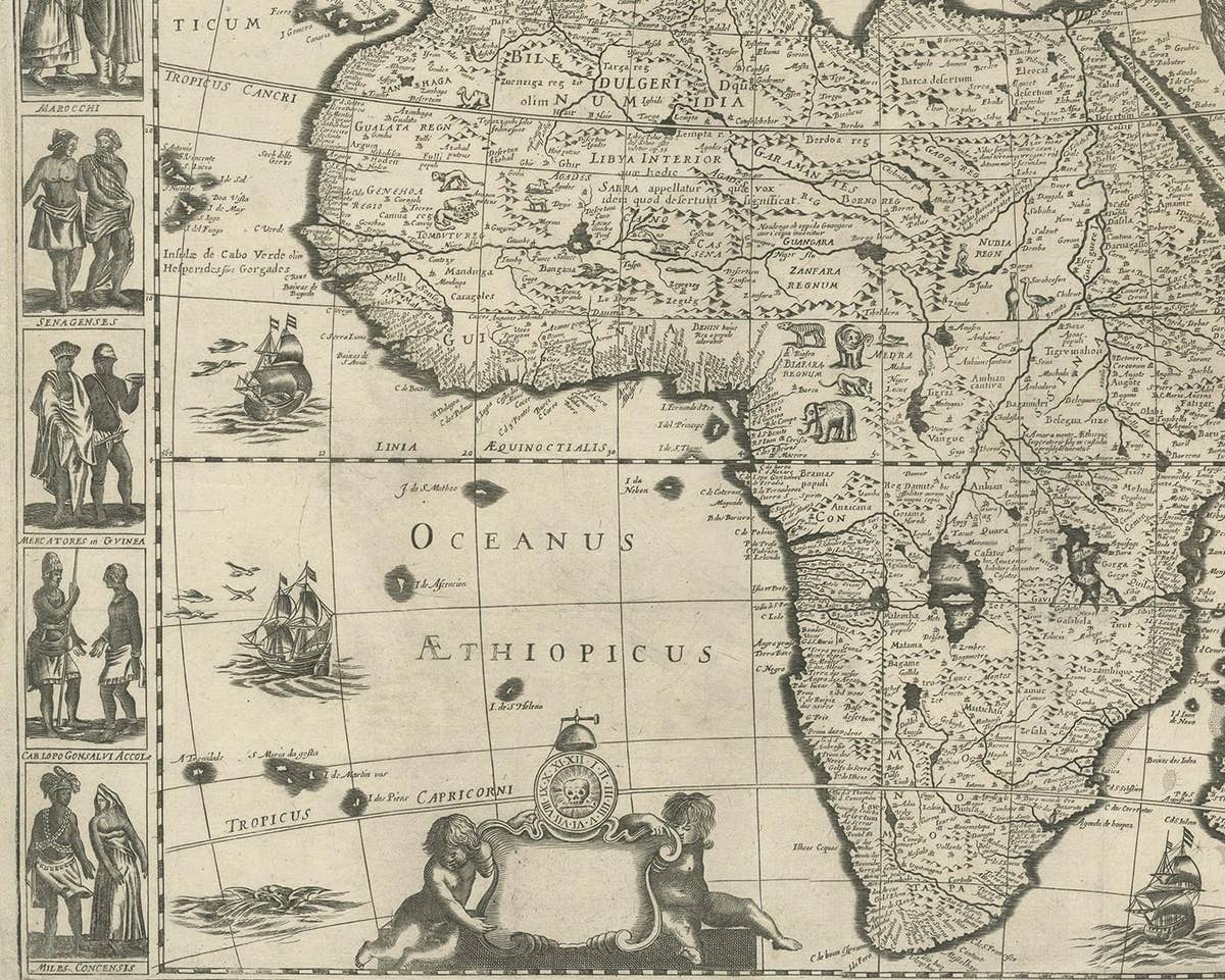 Antique Map of Africa by Janssonius, Rare Paneled Print, Circa 1655