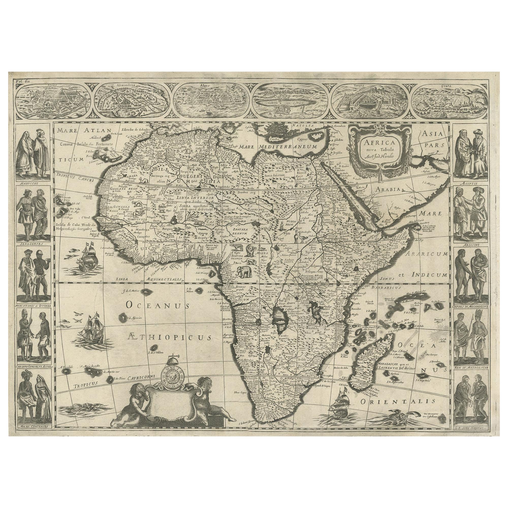Carte ancienne d'Afrique fabriquée d'après Hondius, datant d'environ 1655
