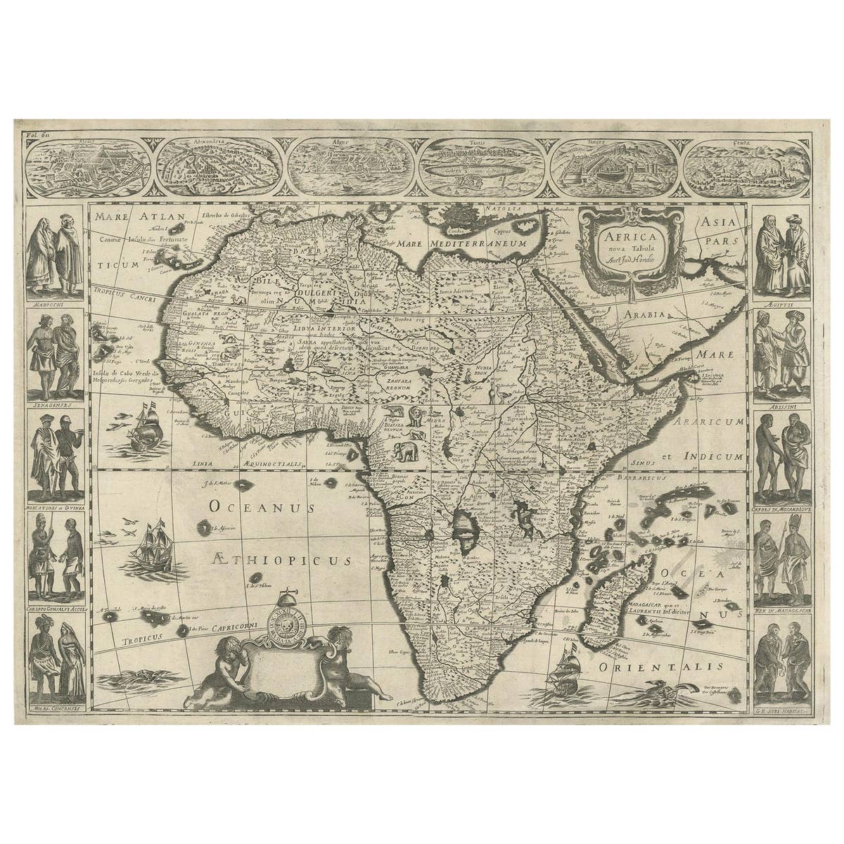 Antique Map of Africa by Janssonius, Rare Paneled Print, Circa 1655