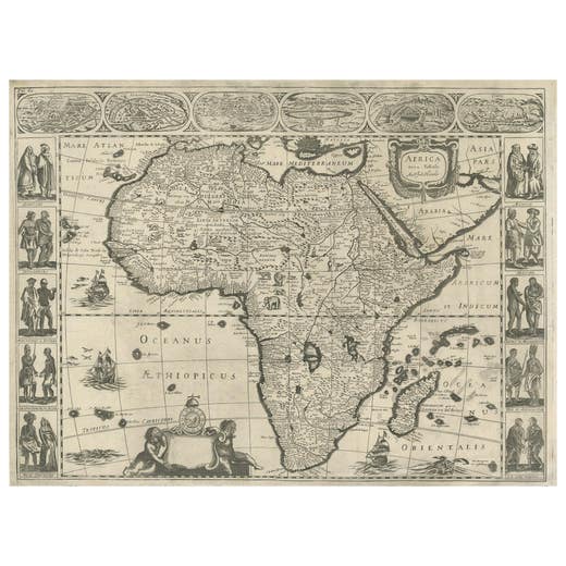 Antique Map of Africa by Janssonius, Rare Paneled Print, Circa 1655